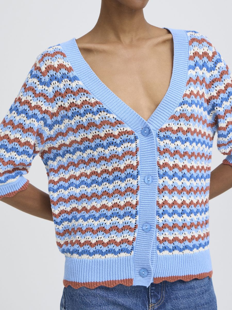 B. Young Nero V-Neck Cardigan in blue, white, and rust stripes, lightweight knit sweater from B. Young.