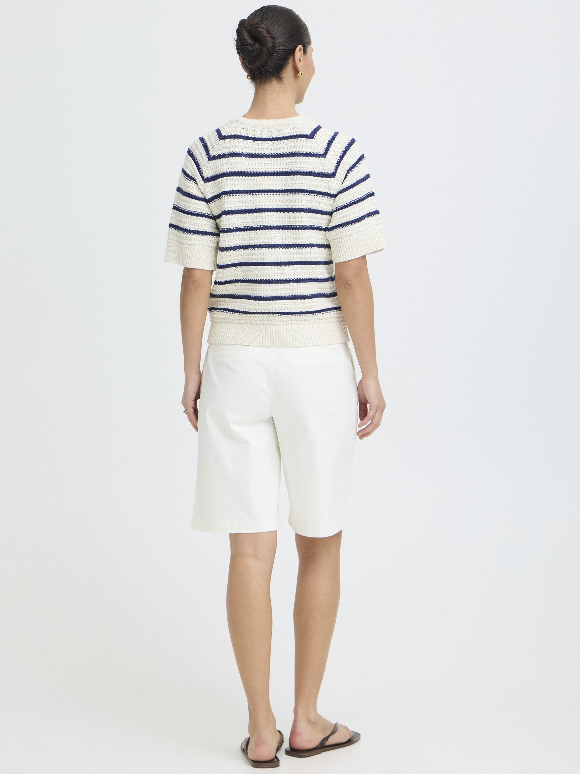 B. Young Mikayla Cotton Striped Short Sleeve Crew Neck Knit Top in blue and white stripes by B. Young shown from the back