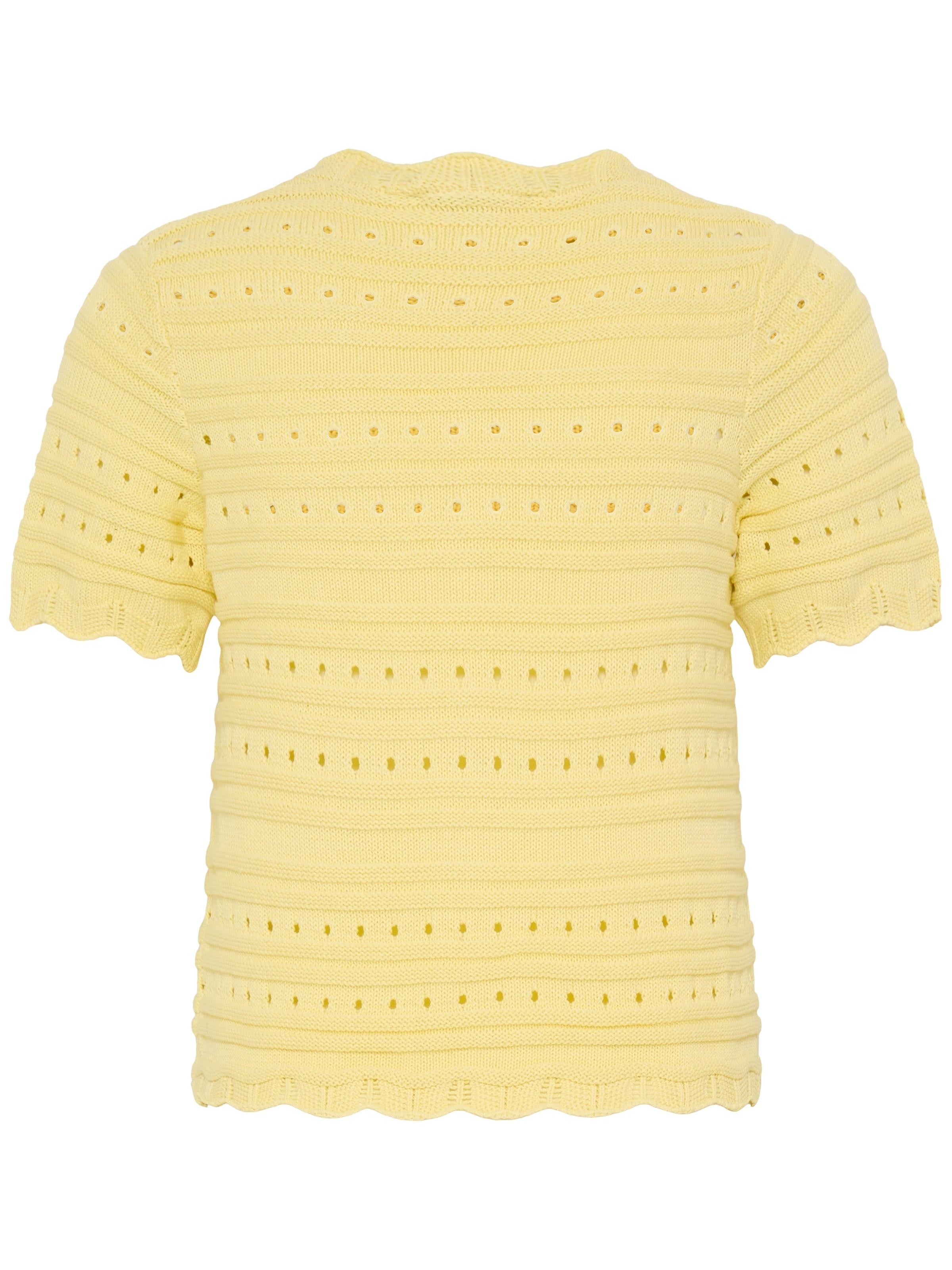 B. Young Naski Pearl Cardigan in soft yellow knit with short sleeves and delicate eyelet detailing by B. Young