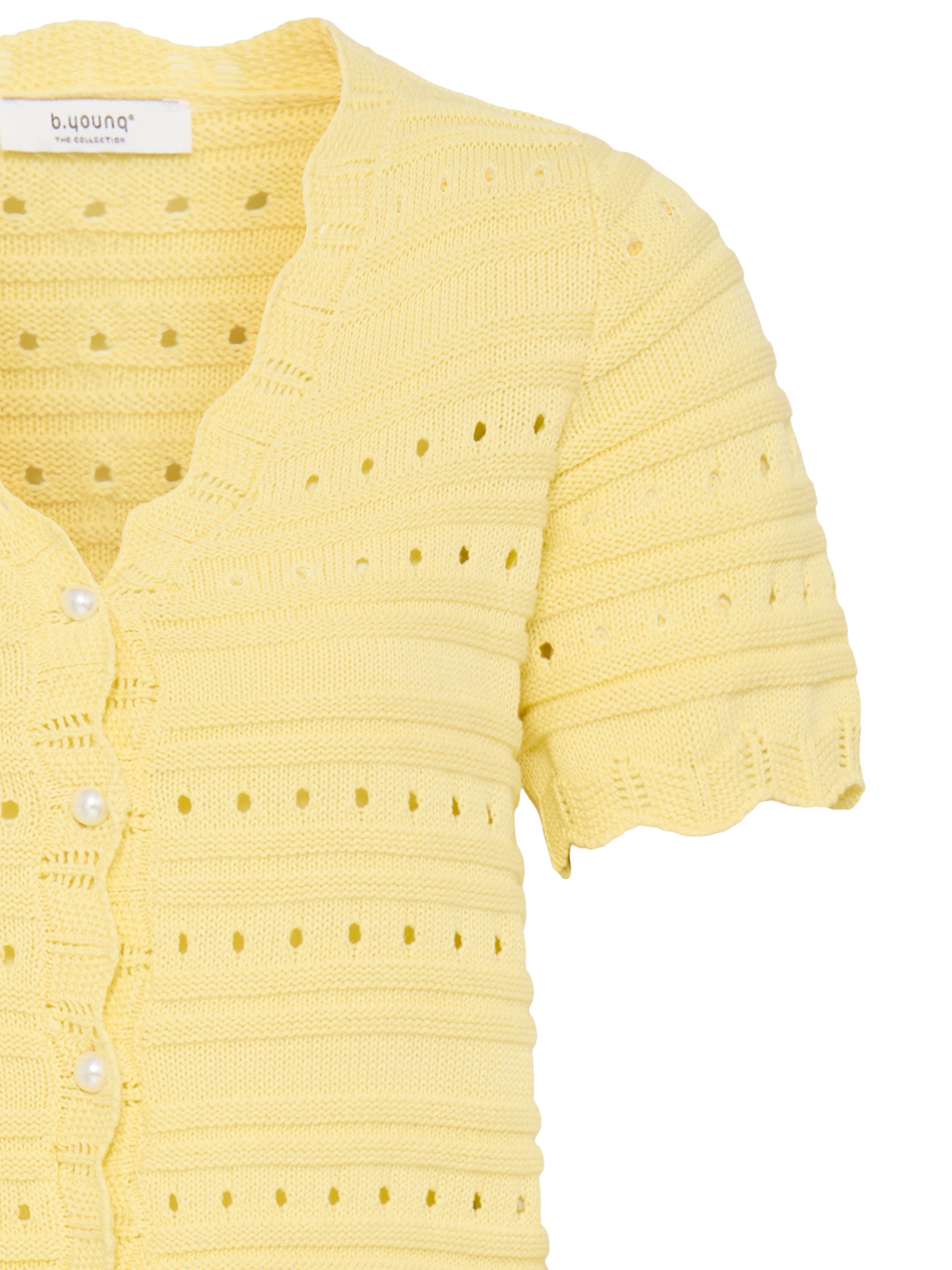 B. Young Naski Pearl Cardigan in soft yellow knit with pearl buttons and textured striped pattern by B. Young.