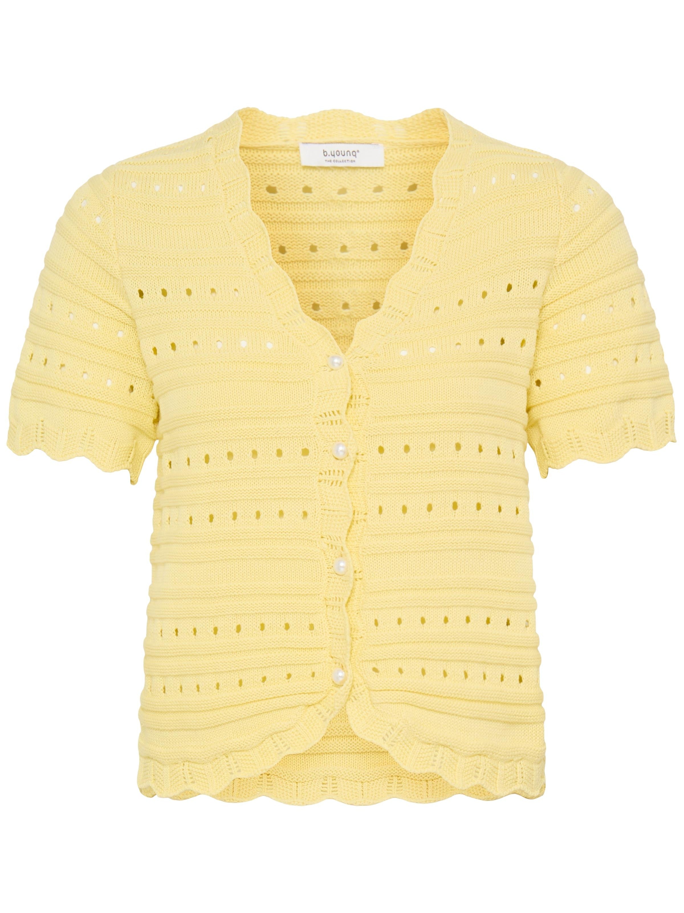 B. Young Naski Pearl Cardigan in soft yellow knit with pearl buttons and scalloped edges by B. Young sweater accessory.