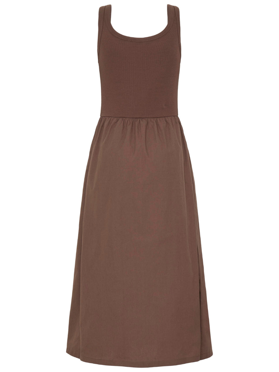 B. Young Sunnia Cotton Dress in brown with sleeveless ribbed bodice and gathered skirt by B. Young