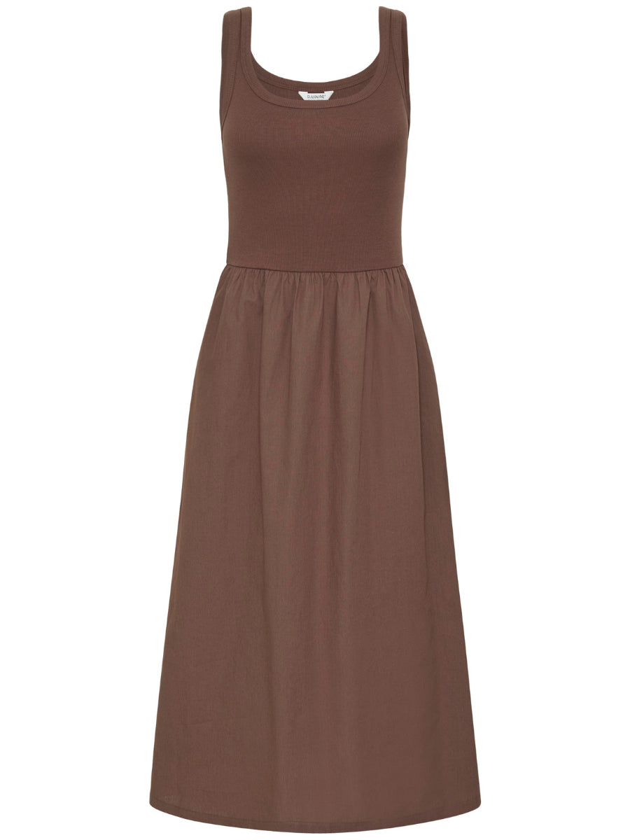 B. Young Sunnia Cotton Dress in brown with sleeveless knit top and gathered cotton skirt by B. Young