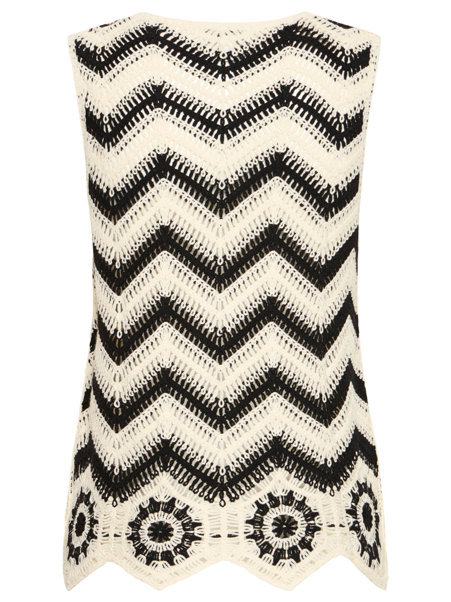 B. Young Crochet Cotton Top in beige and black with chevron and circular crochet pattern by B. Young