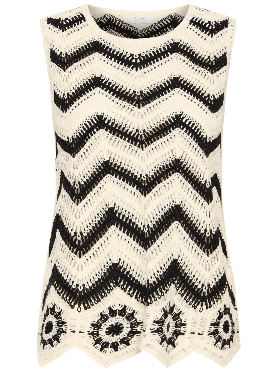 B. Young Crochet Cotton Top in beige and black with chevron and floral patterns, crafted by B. Young.