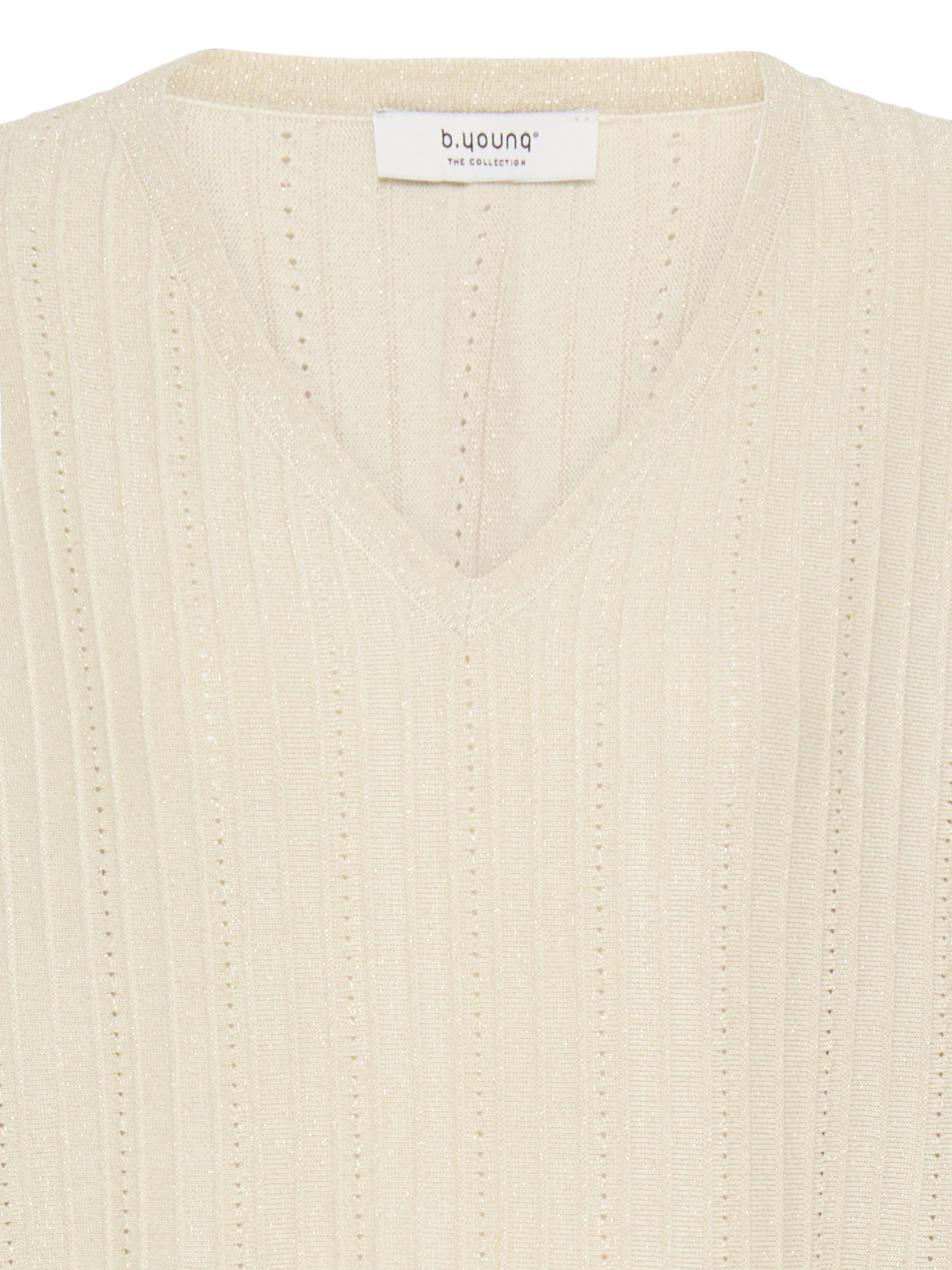 Cream textured knit B. Young V-Neck Sweater with subtle vertical pattern by B. Young, ideal for layering and warmth.