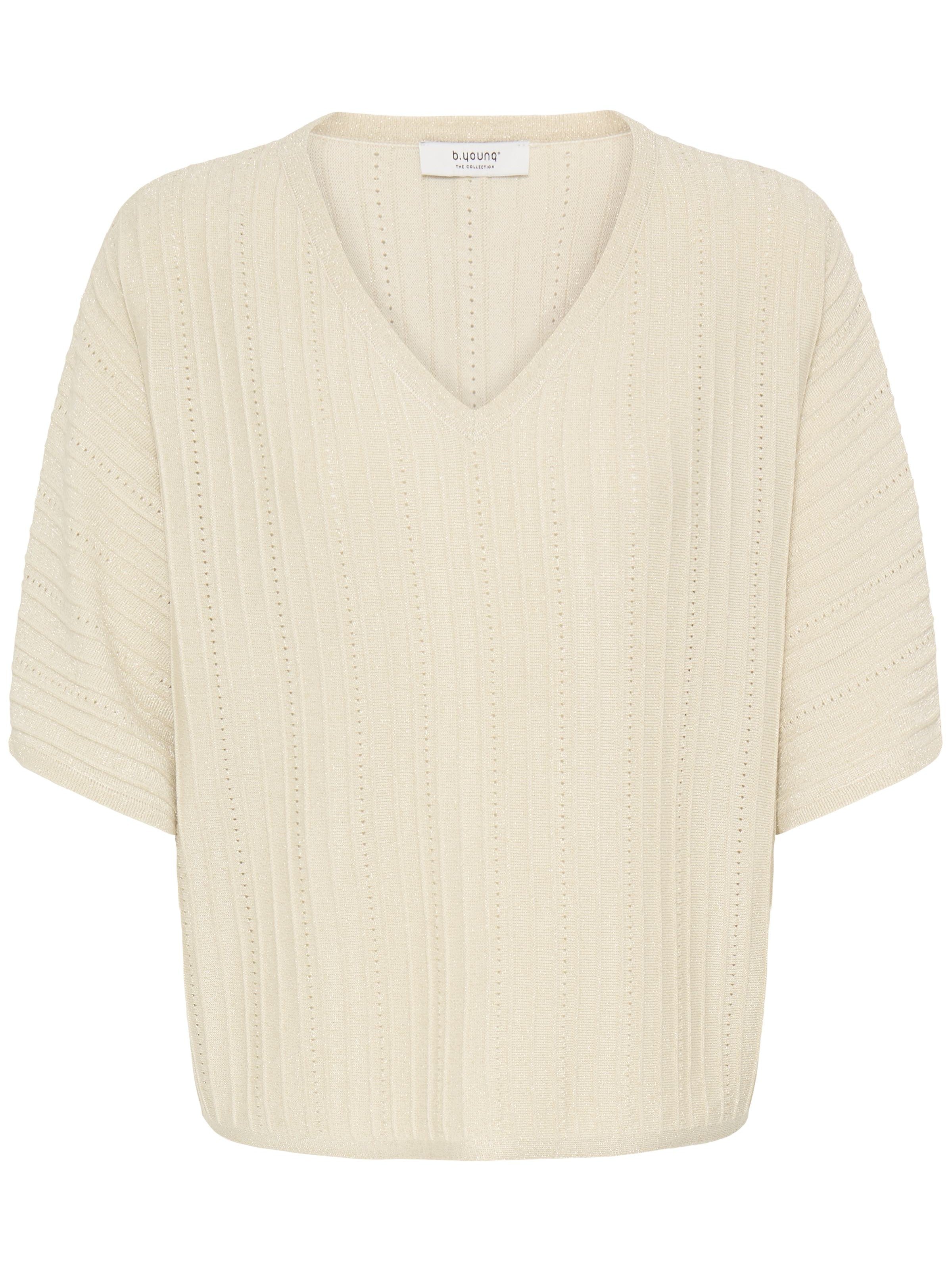 B. Young V-Neck Sweater in beige knit with short sleeves and textured vertical stripe pattern by B. Young.