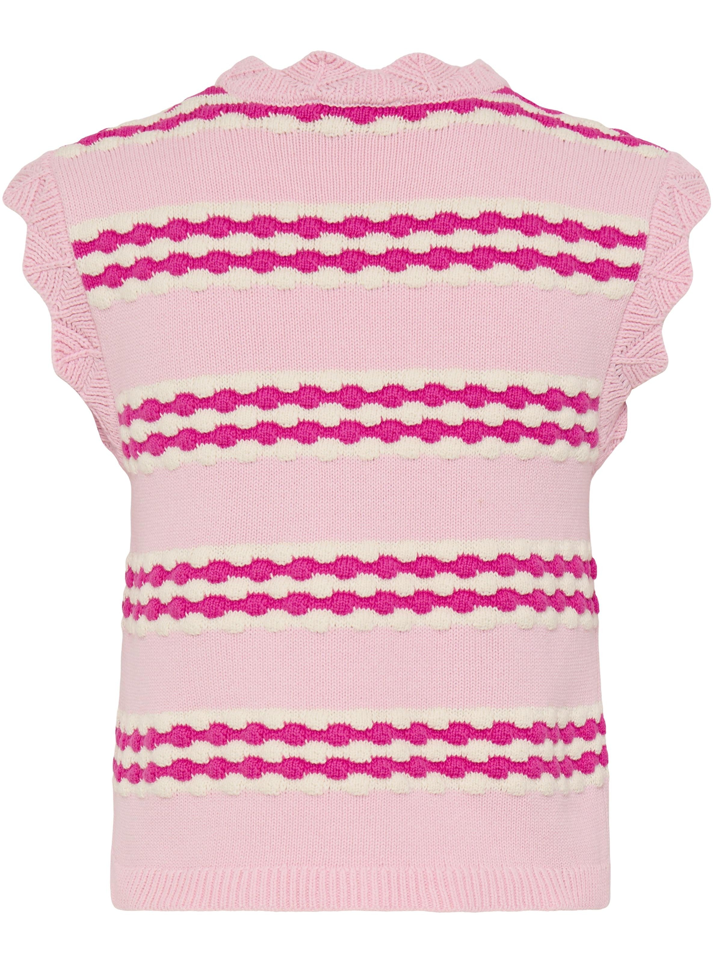 B. Young Button Vest in pink with textured stripe pattern and scalloped edges, designed by B. Young, knitted outerwear.