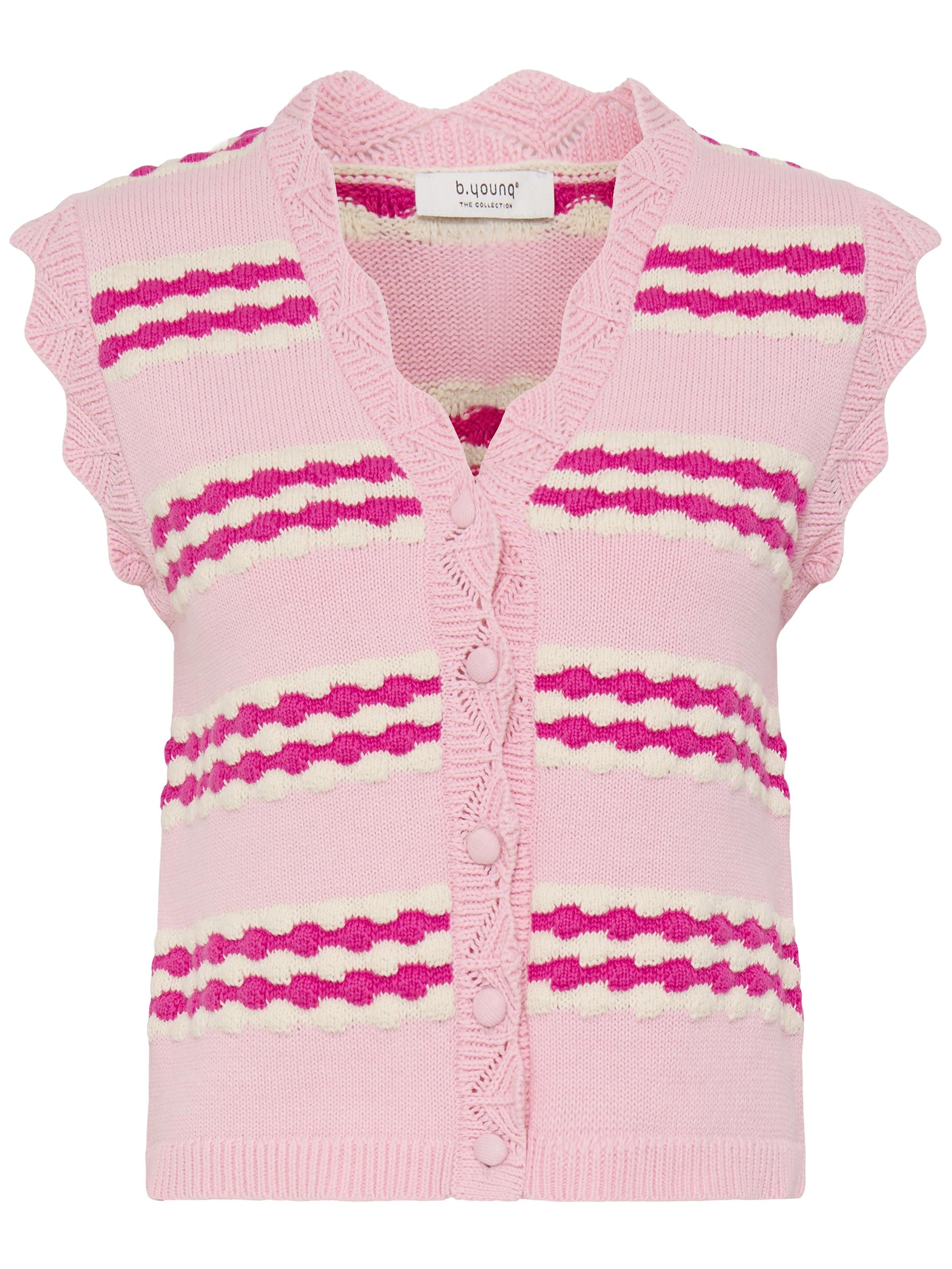 B. Young Button Vest in pink with textured horizontal stripes and scalloped edges, an outerwear knit top by B. Young.