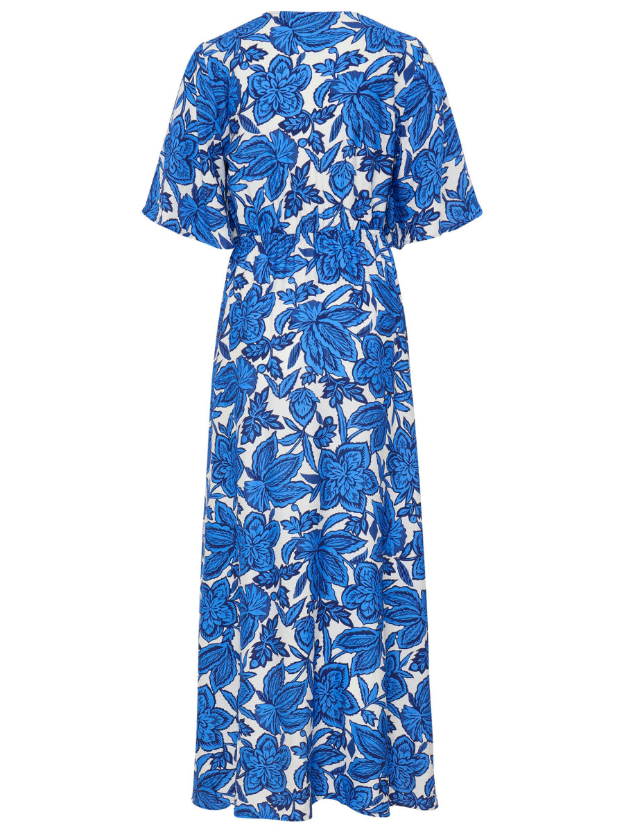 B. Young Ikaia Tie Waist Maxi Dress by B. Young featuring blue floral pattern on white background with short sleeves and a tie waist.