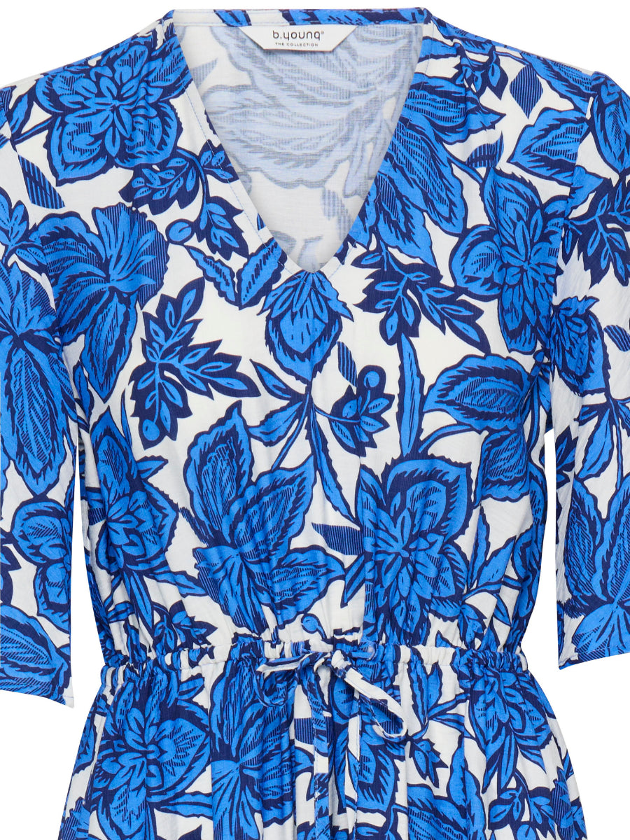 B. Young Ikaia Tie Waist Maxi Dress in blue floral pattern with V-neck and adjustable tie waist by B. Young.