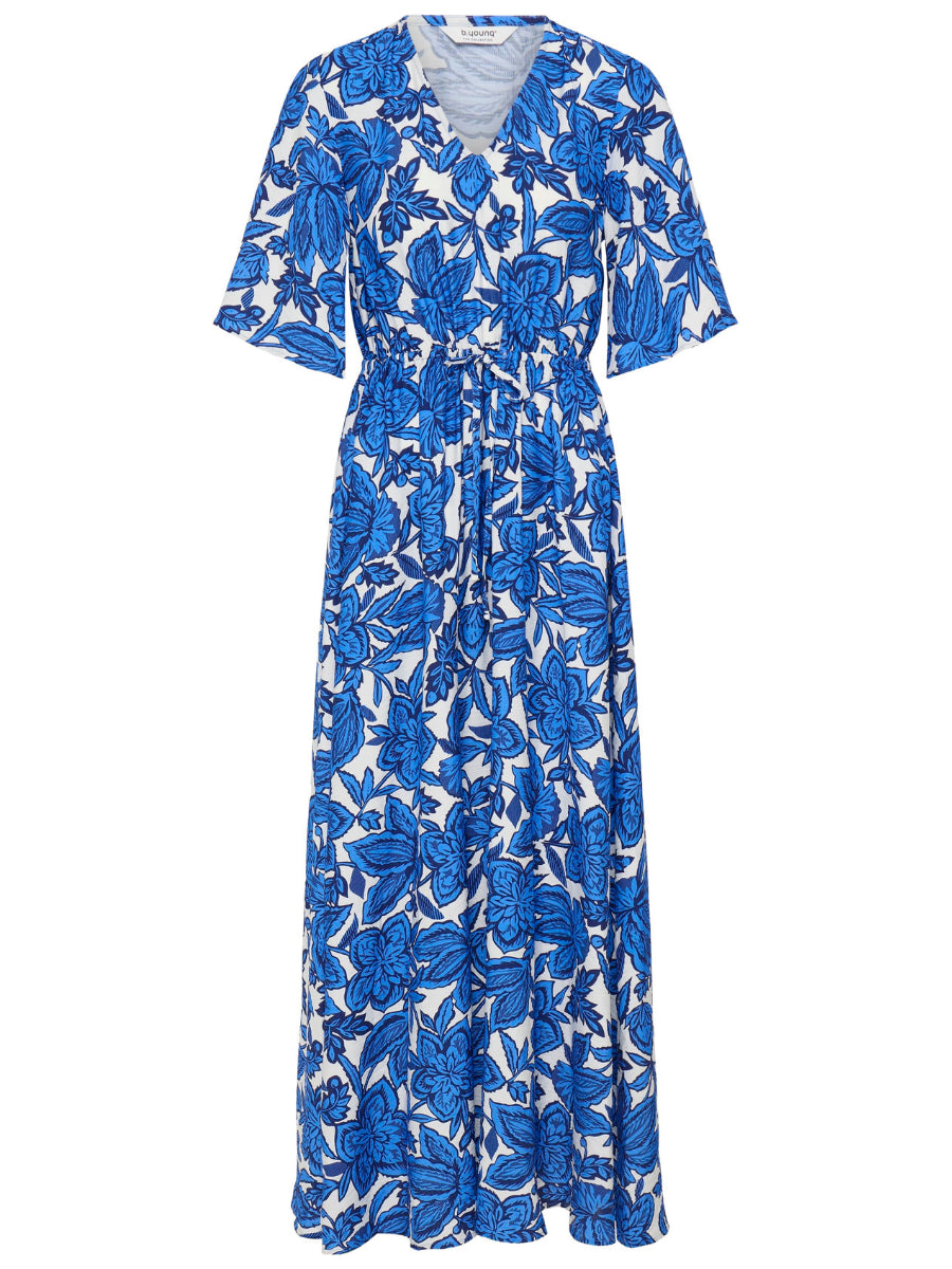 B. Young Ikaia Tie Waist Maxi Dress with blue floral print and short sleeves by B. Young