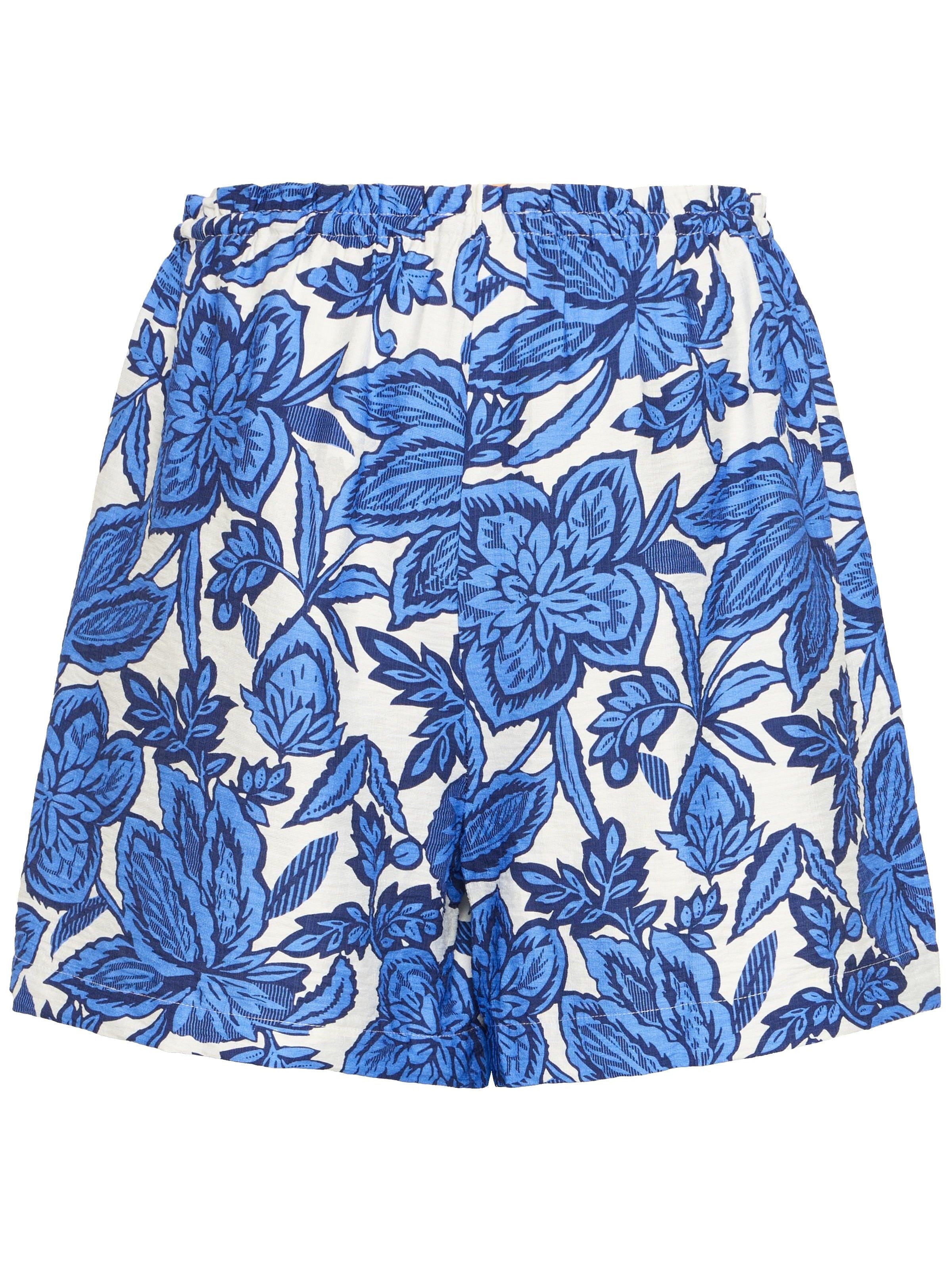 B. Young Ikaia Tie Waist Shorts in blue floral print pattern by B. Young with elastic waistband and loose fit