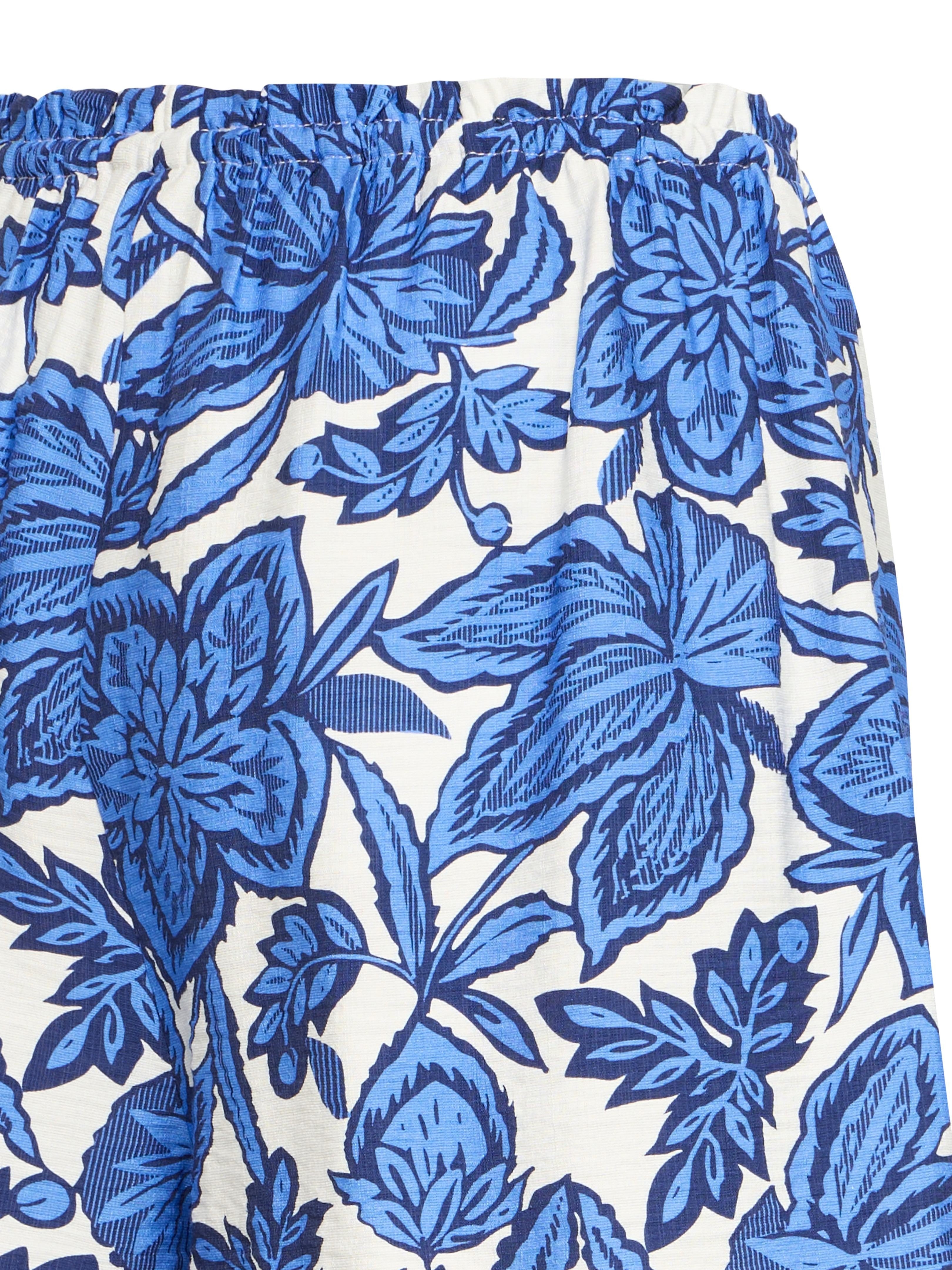 B. Young Ikaia Tie Waist Shorts with blue floral print pattern and elastic waistband by B. Young.