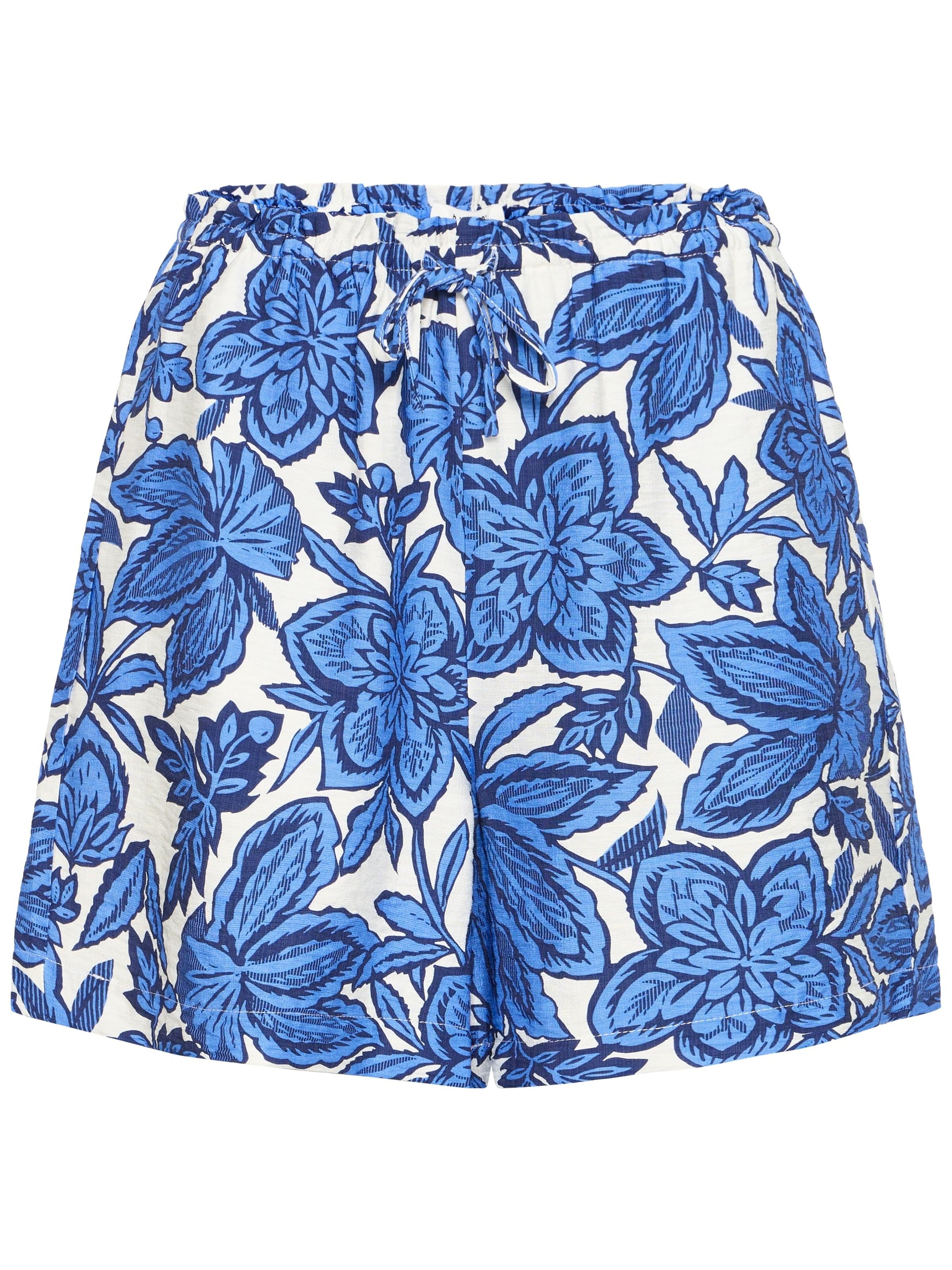 B. Young Ikaia Tie Waist Shorts in blue floral print with drawstring waist, designed by B. Young for casual wear.