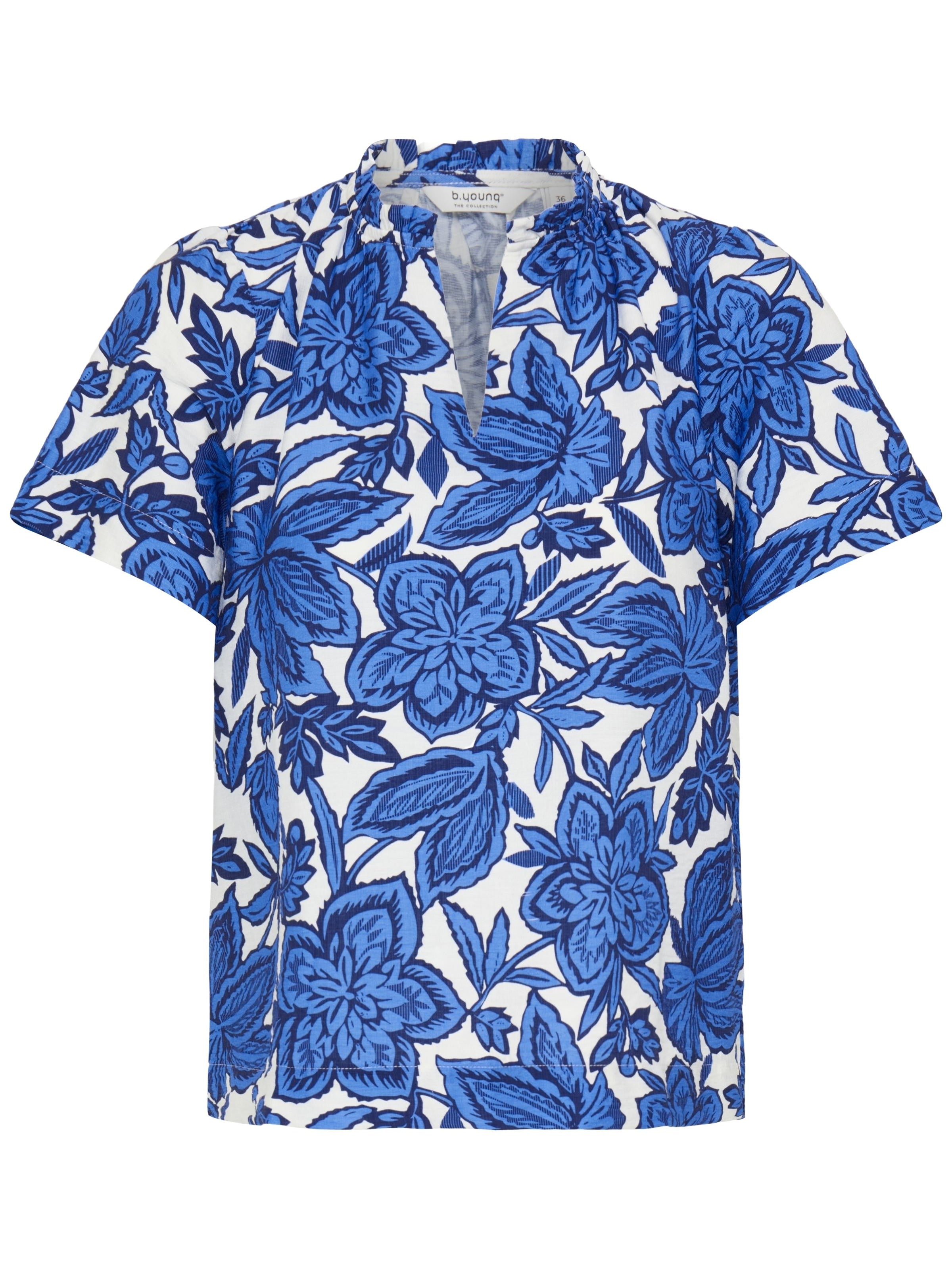 B. Young Ikaia Ruffle Short Sleeve Top with blue floral print, short sleeves, and ruffled collar by B. Young.