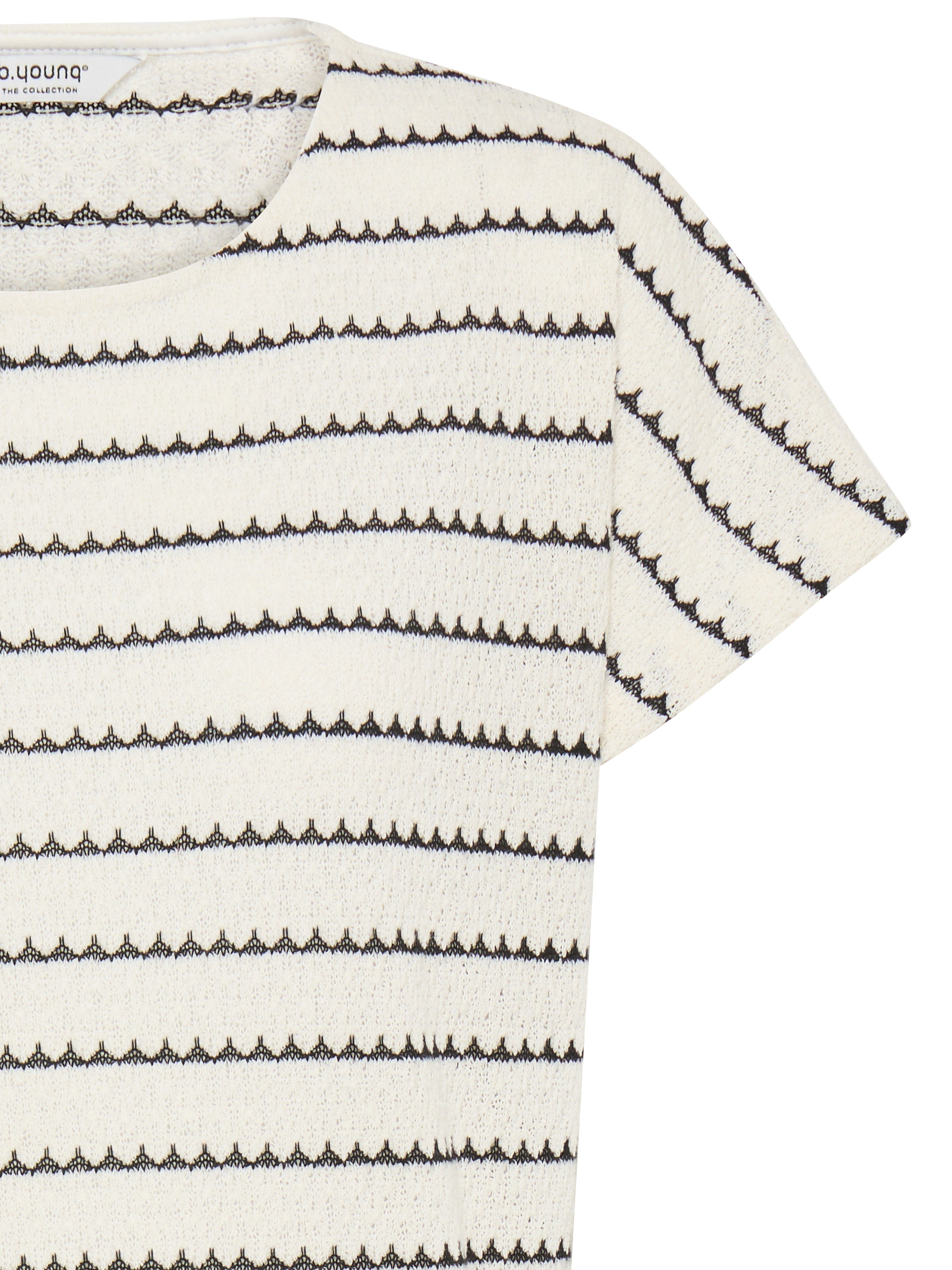 B. Young Short Sleeve Top in off-white with black scalloped horizontal stripes by B. Young, casual knitwear top.