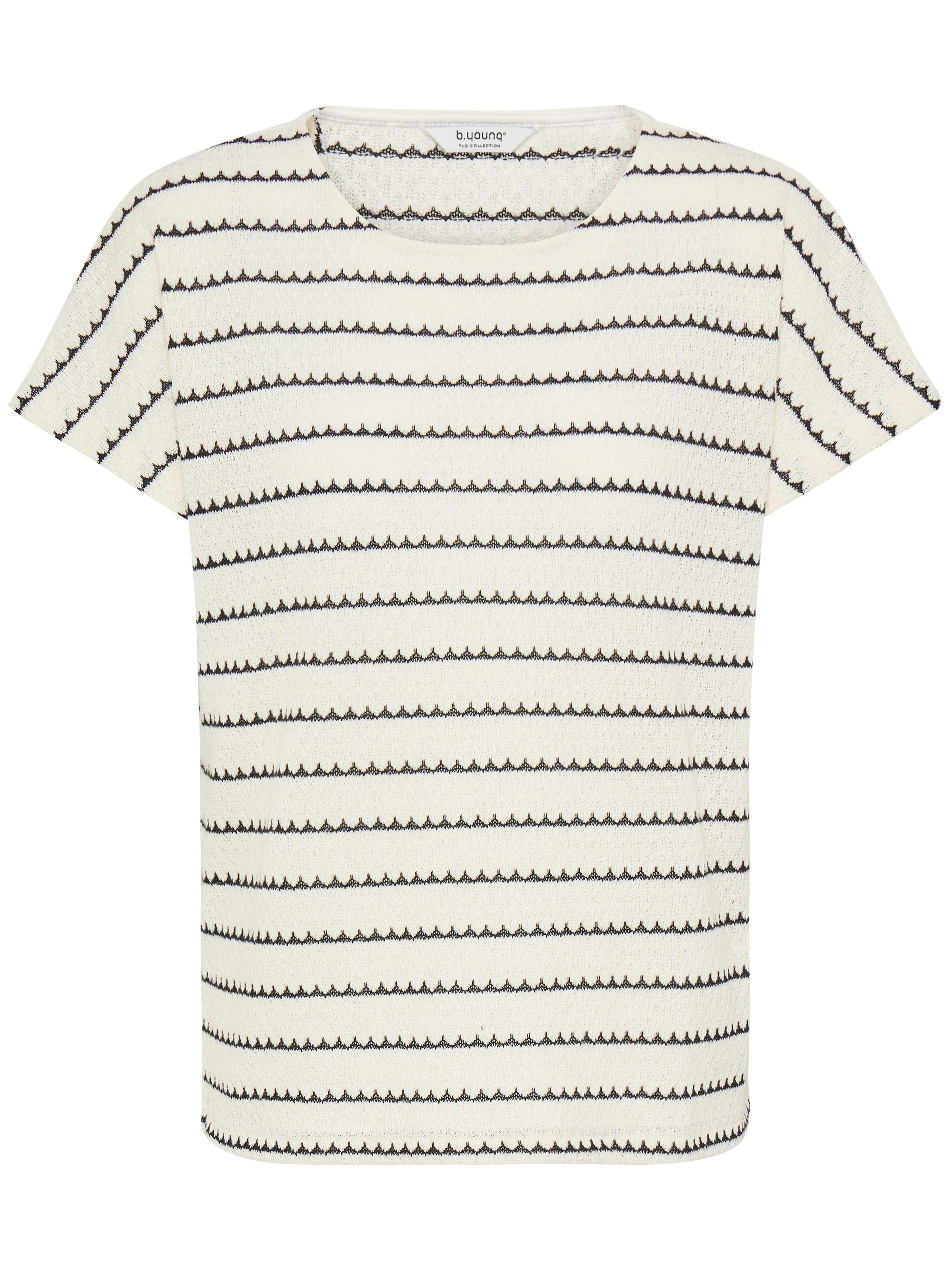 B. Young Short Sleeve Top by B. Young in off-white with black scalloped horizontal stripes, casual knit fabric top.