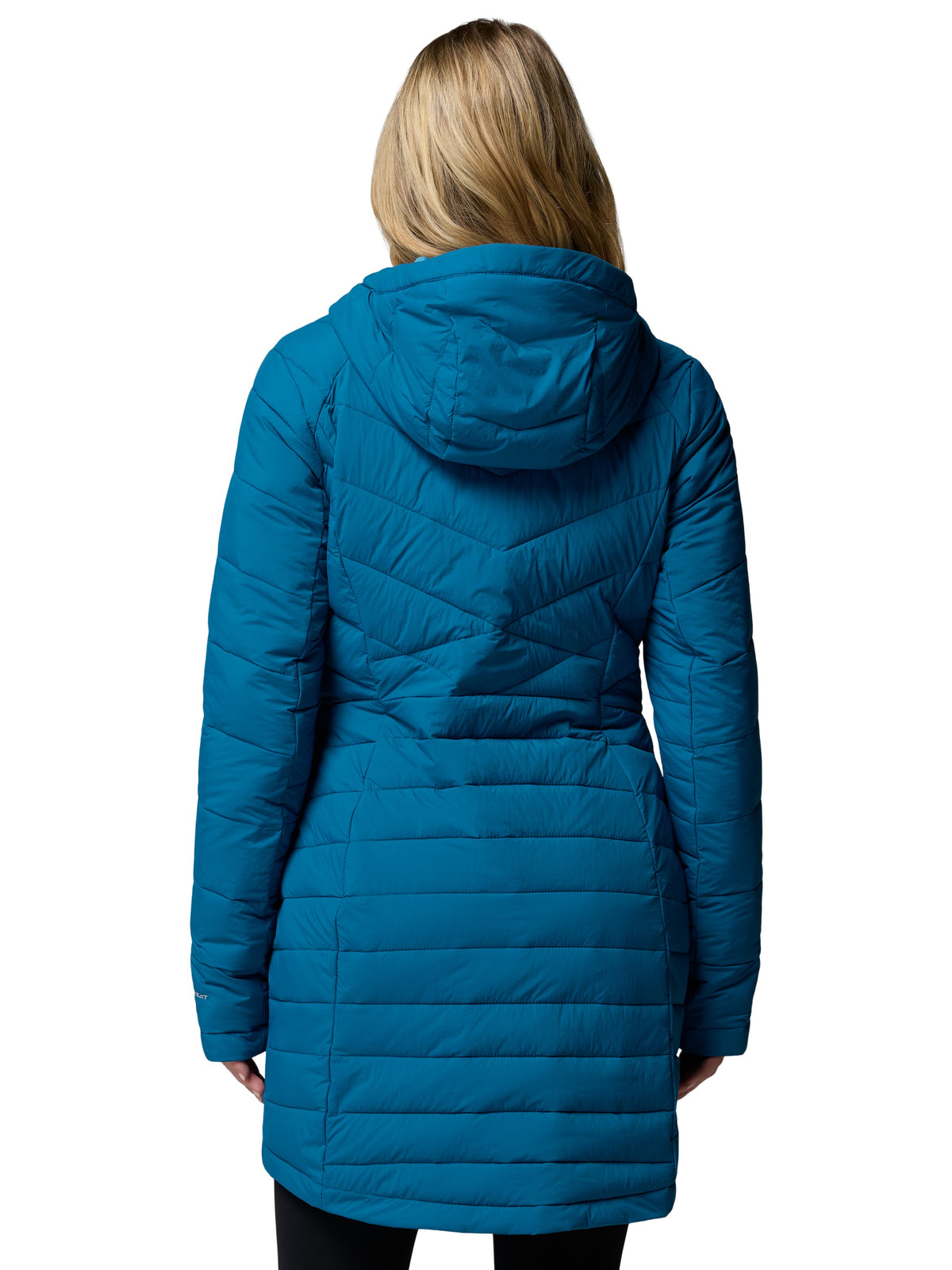 Teal quilted hooded coat shown from the back