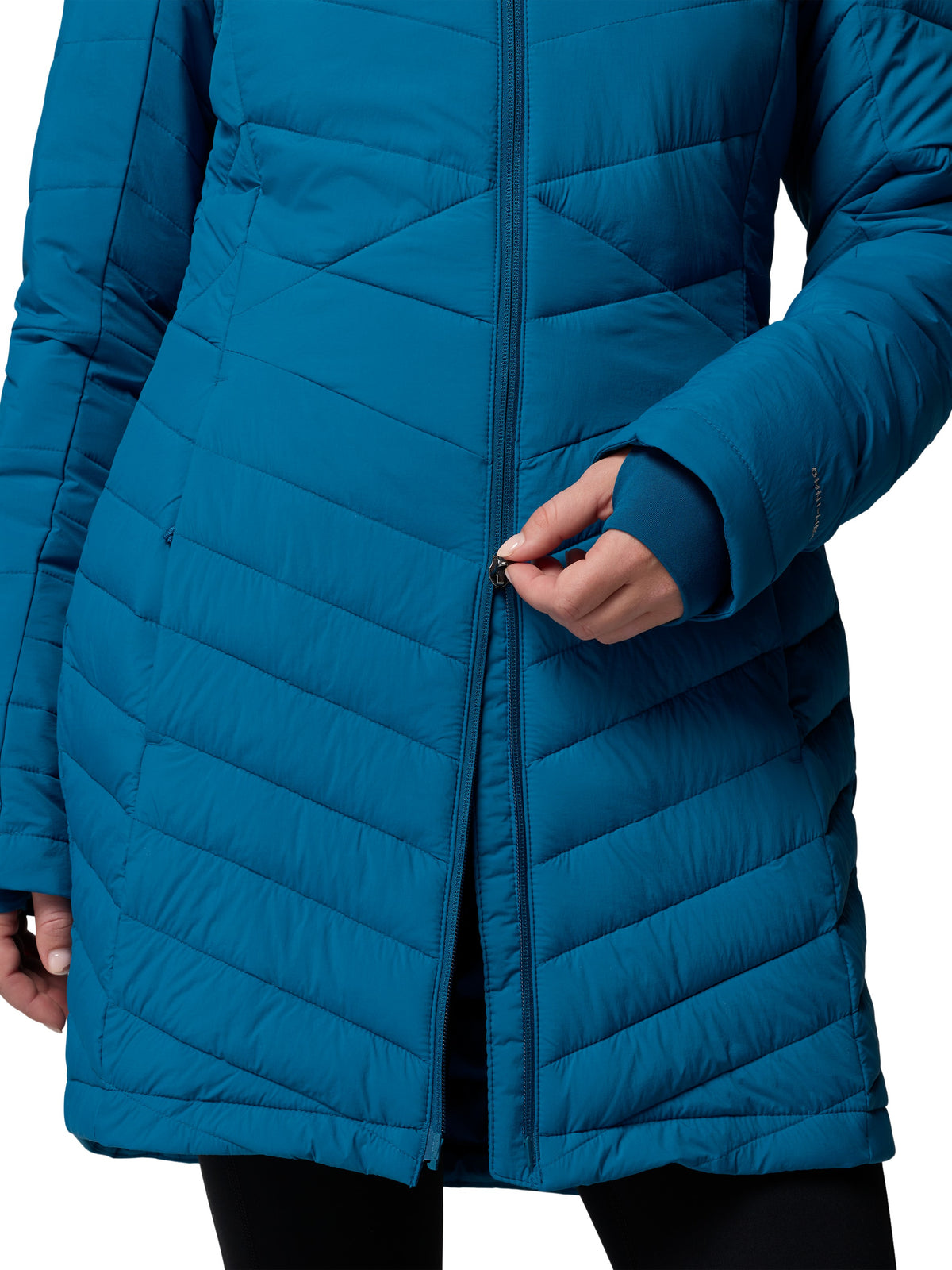 Blue quilted zip-front puffer jacket with long sleeves and a high collar 恒一