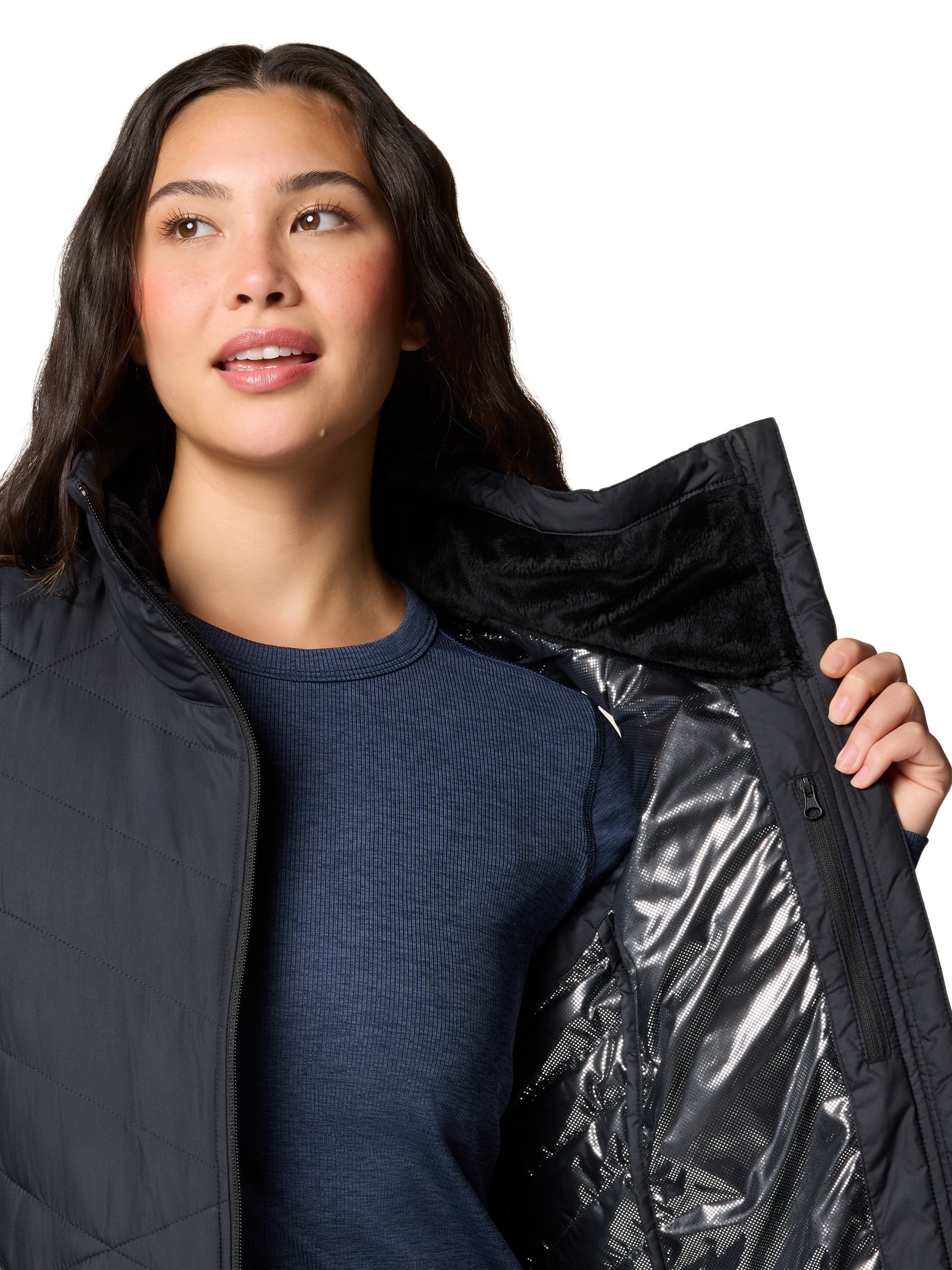 Columbia Heavenly II Omni-Heat Long Vest in black displayed with open front showing insulated lining and reflective heat technology