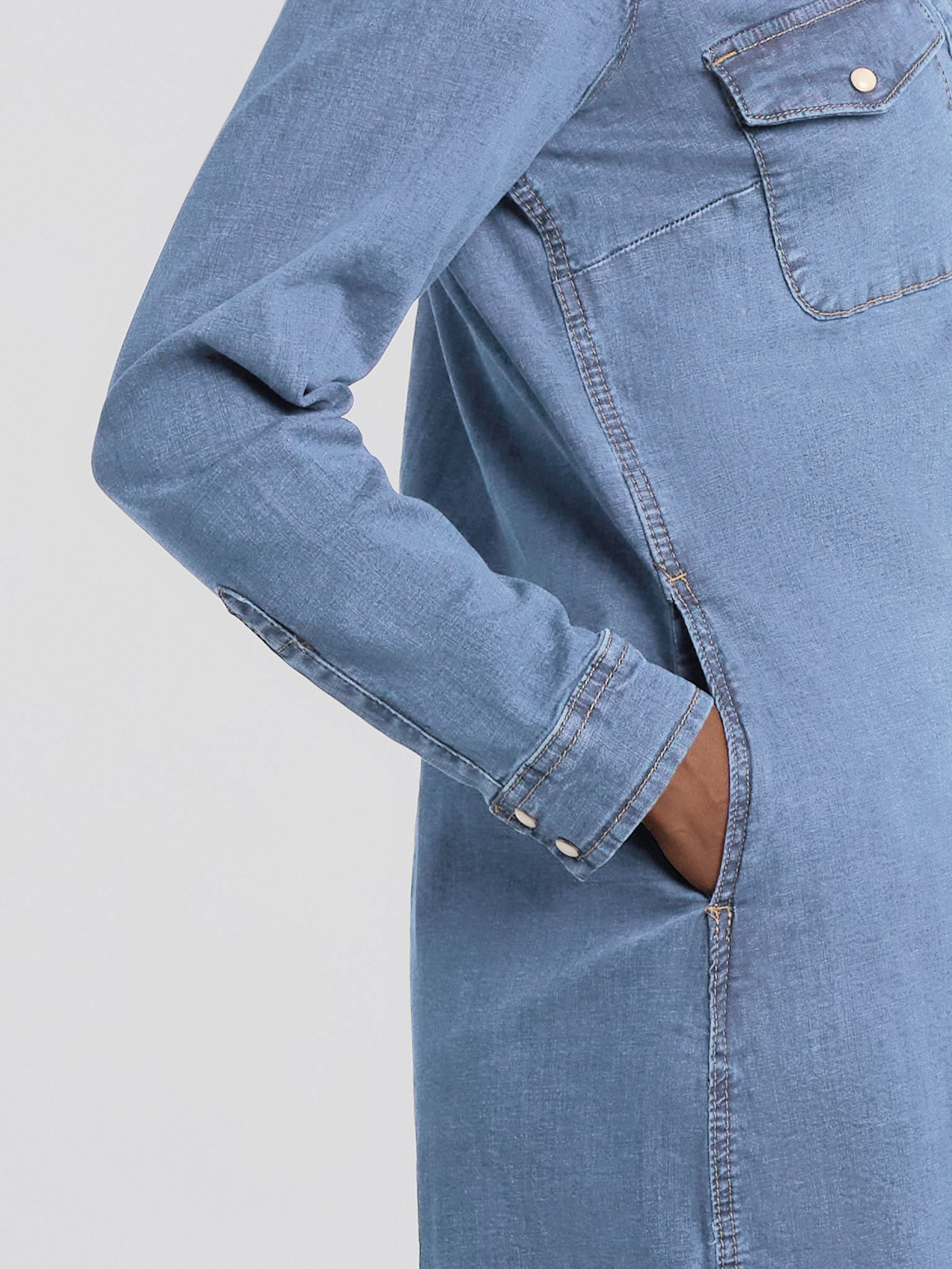 Lois Gianna Denim Shirt Tunic Dress in light blue denim fabric with long sleeves and front chest pocket detail.