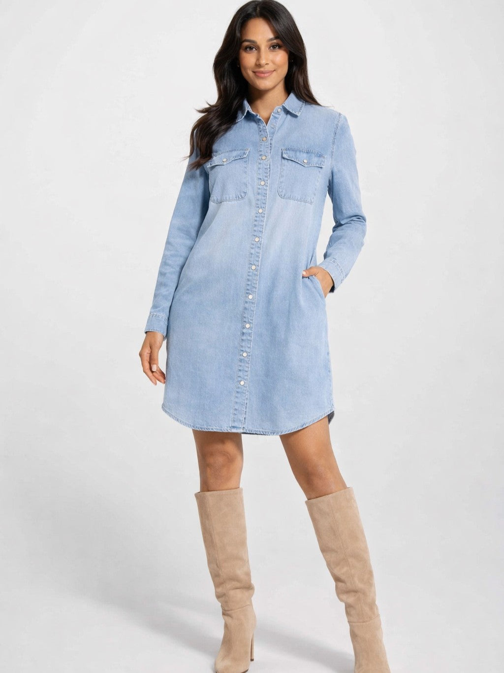 Light blue Lois Gianna Denim Shirt Tunic Dress styled with beige knee-high boots by Lois in a casual setting.