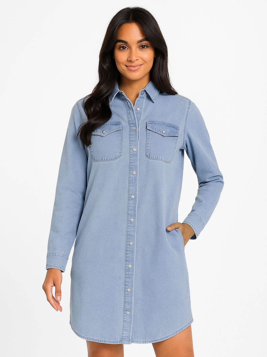 Lois Gianna Denim Shirt Tunic Dress in light blue denim with long sleeves and front pockets by Lois