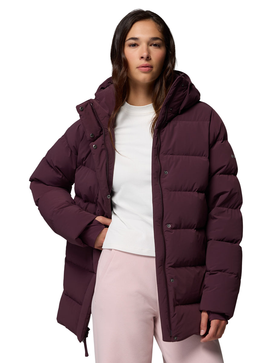 Columbia Amaze Puff So Soft Mid Hooded Jacket in burgundy, insulated hooded outerwear