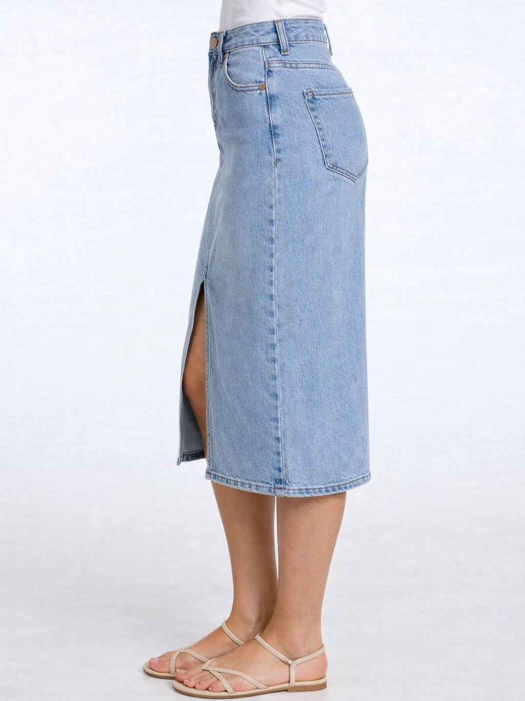 Light blue denim skirt with side slit and back pocket, Lois Leila Front Slit 29" Denim Skirt by Lois