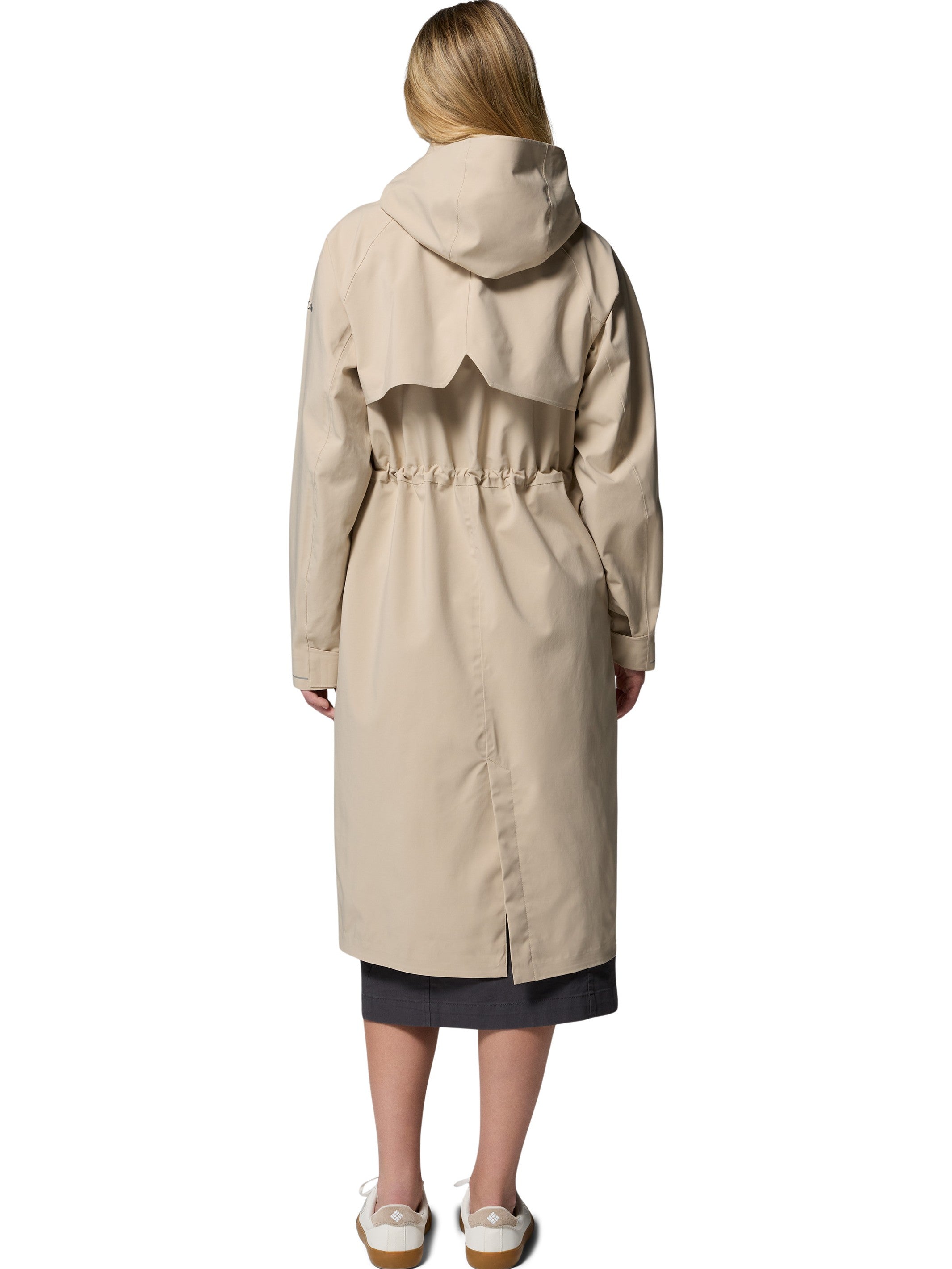 Back view of Columbia AmazeTrench Waterproof Button-Front Coat in beige, featuring hood and cinched waist outerwear