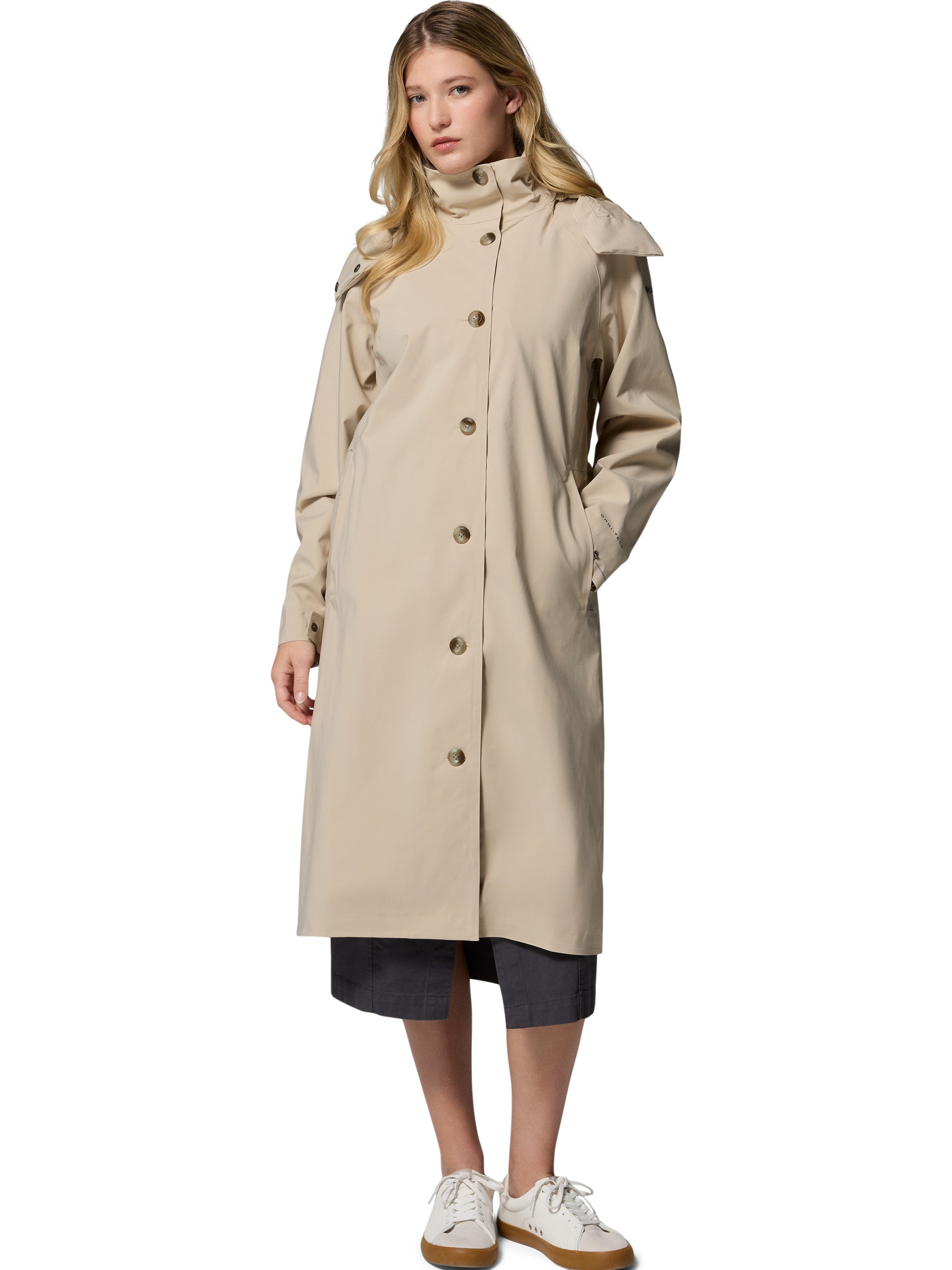 Columbia AmazeTrench Waterproof Button-Front Coat in beige, lightweight outerwear with pockets and button closure