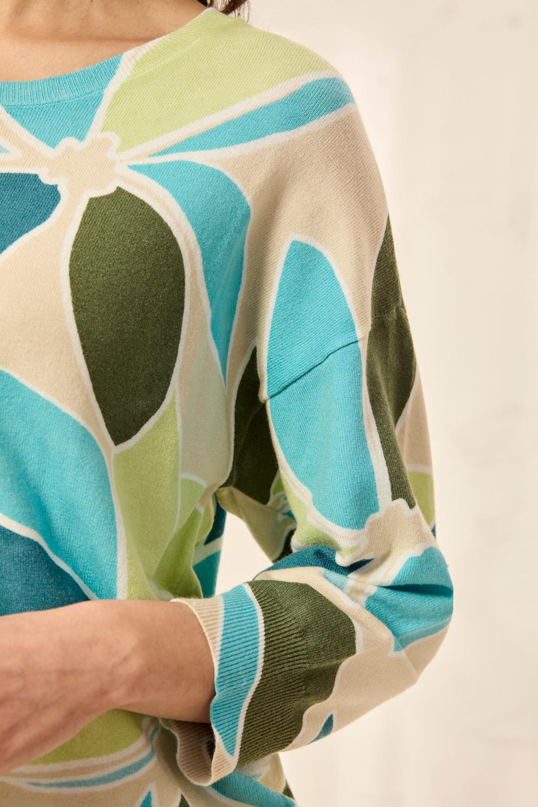 Tribal Tropical Treasure Floral Crewneck Sweater in aqua and green by Tribal Sportswear Inc., stylish lightweight knit sweater.