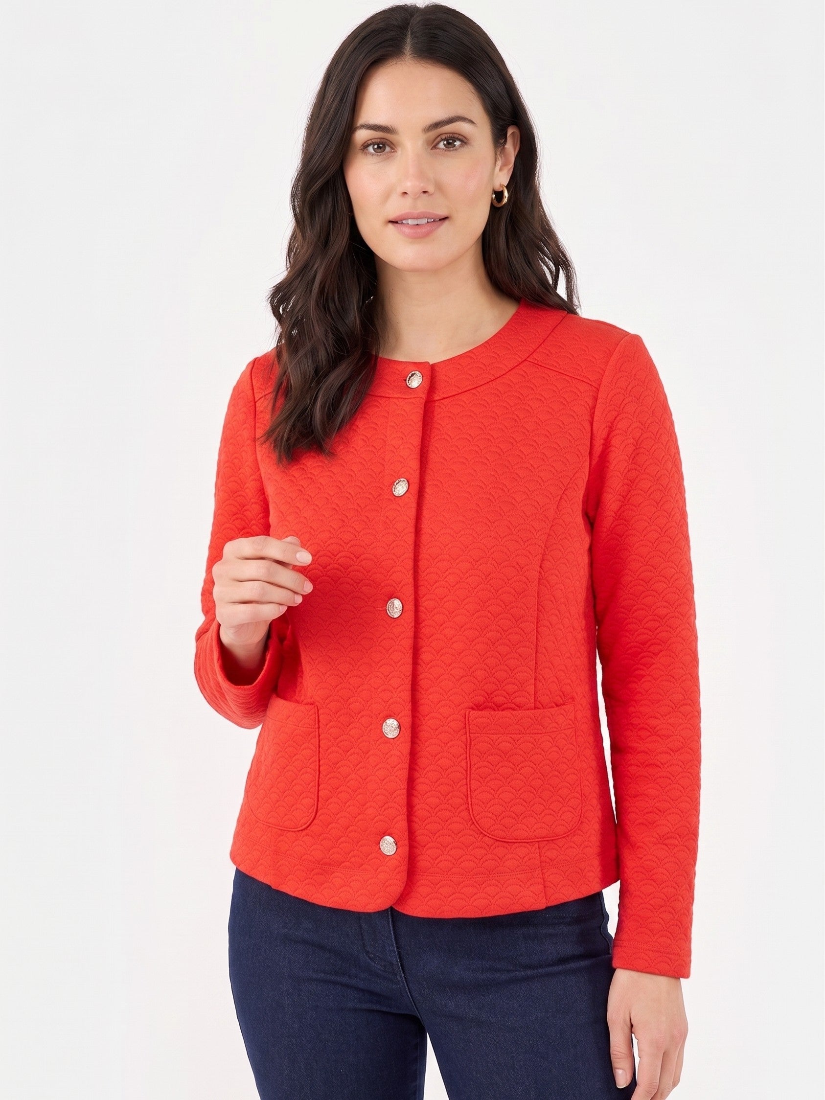 Brenna Button Front Jacquard Jacket by Jensen in vibrant red with textured fabric, front pockets, and silver buttons.