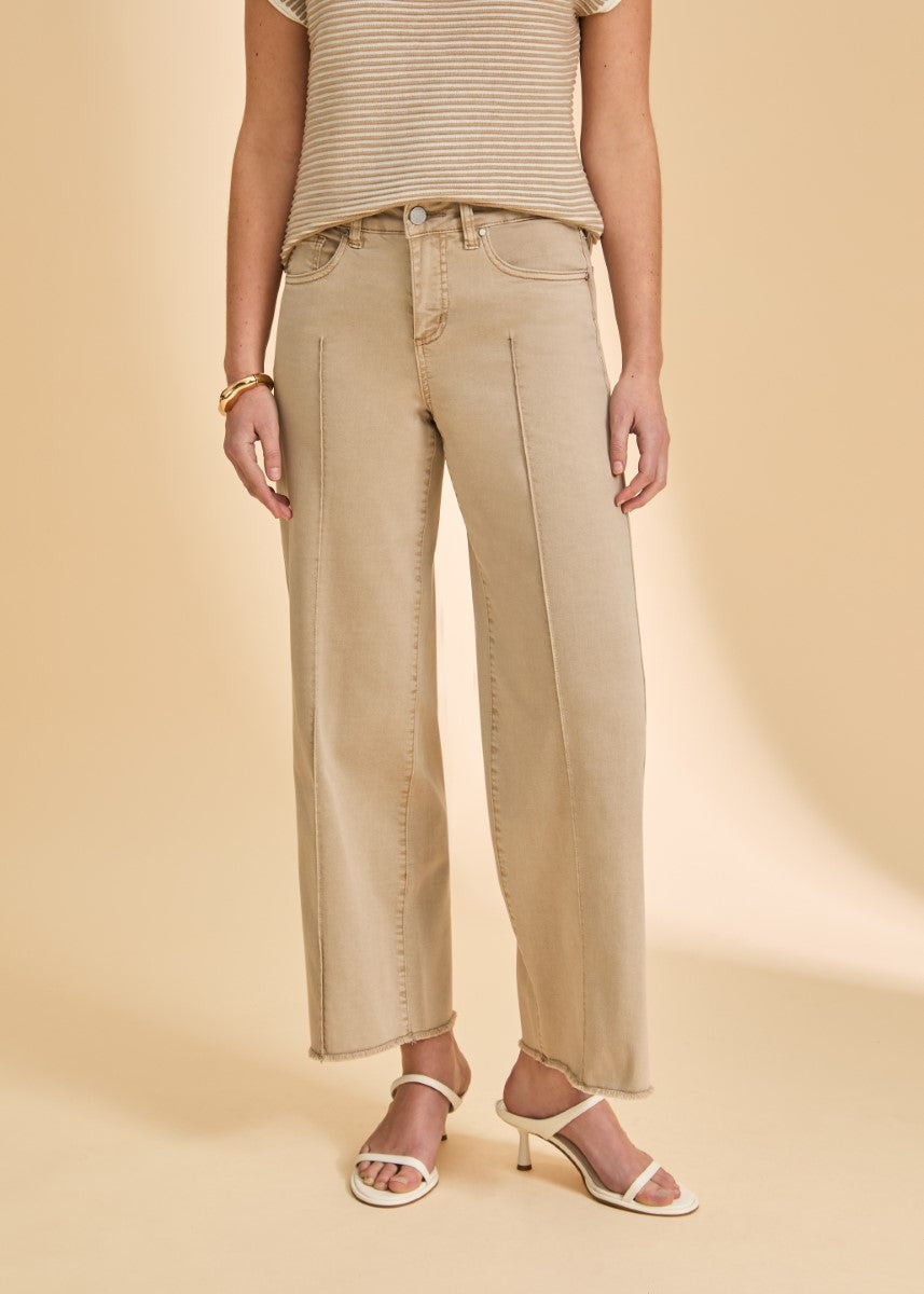 FDJ Olivia 28” Wide Leg Pant in sand beige by French Dressing with frayed hem and seam details at front