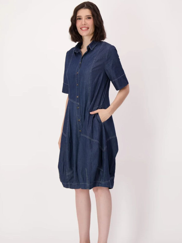 Spanner Easy N Light Button-Front Short Sleeve Barrel Dress in denim blue with pockets and button details by Spanner