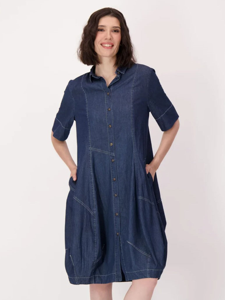 Spanner Easy N Light Button-Front Short Sleeve Barrel Dress in dark denim with pockets and contrast stitching