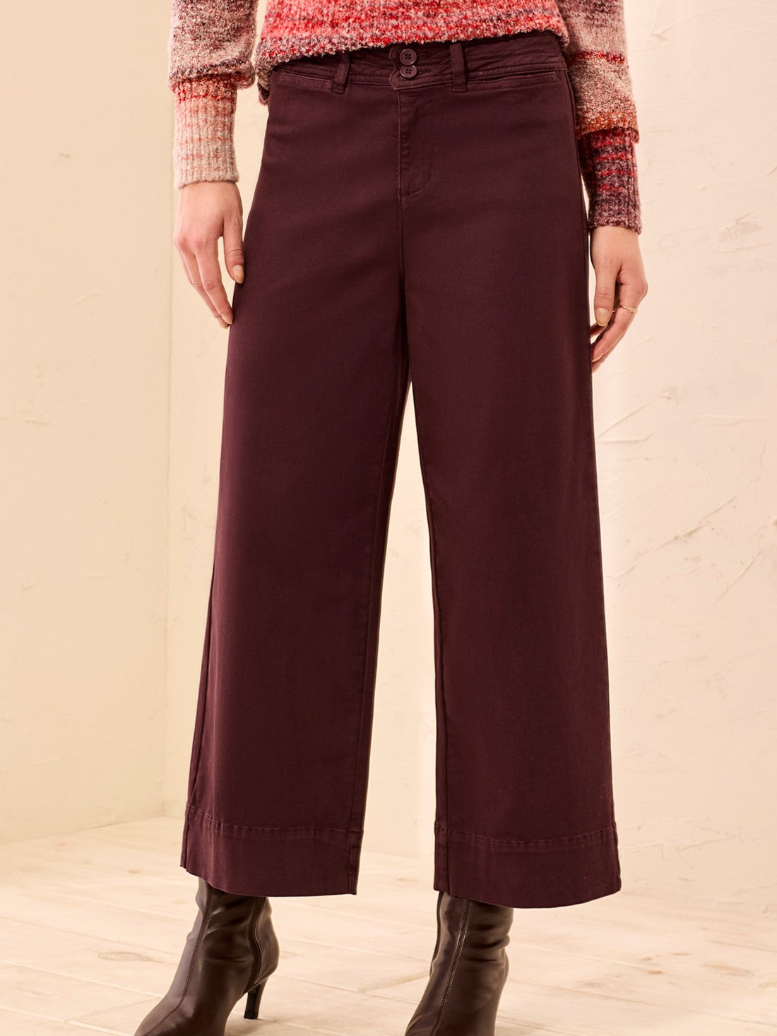 Tribal Comfort Fit 26" Palazzo Denim Pants in deep brown paired with knit sweater and ankle boots by Tribal Sportswear Inc.