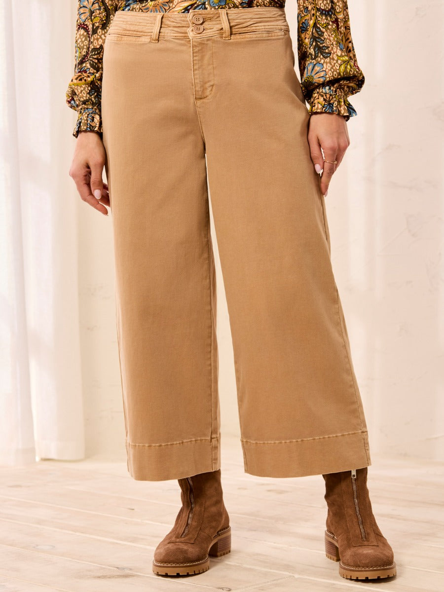 Tribal Comfort Fit 26" Palazzo Denim Pants in cognac color styled with boots by Tribal Sportswear Inc.
