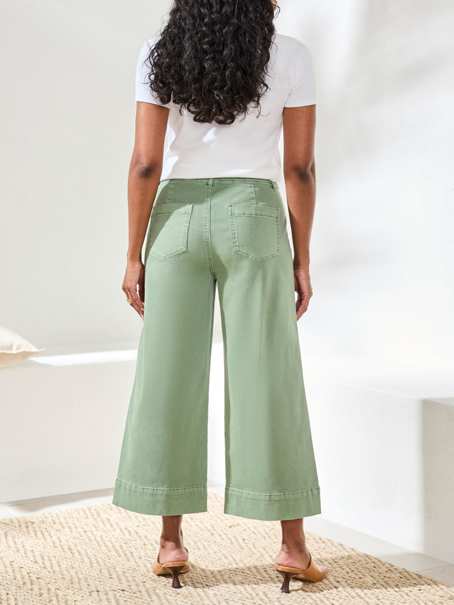 Back view of green Tribal Comfort Fit 26" Palazzo Denim Pants by Tribal Sportswear Inc. on model