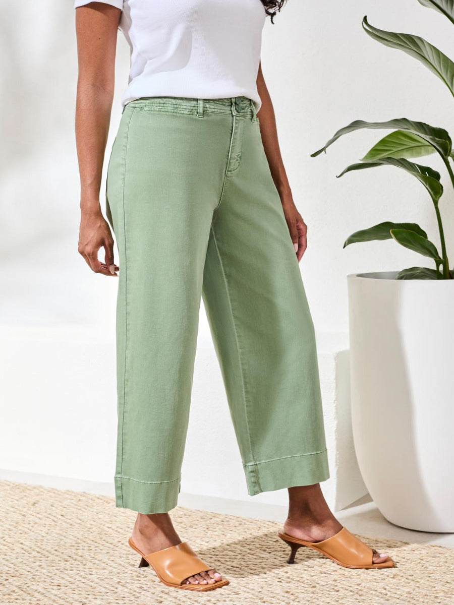 Tribal Comfort Fit 26" Palazzo Denim Pants in light green denim styled with tan heels by Tribal Sportswear Inc.