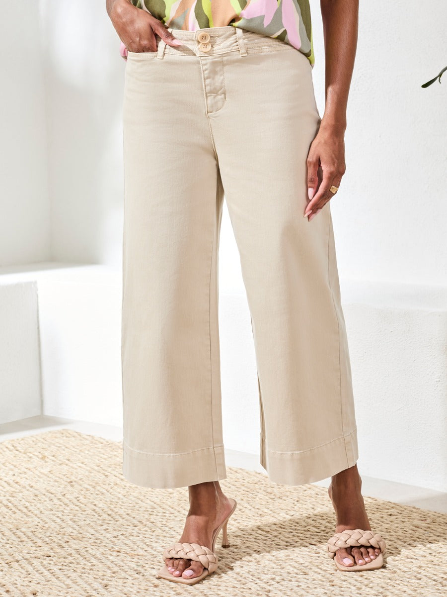Tribal Comfort Fit 26" Palazzo Denim Pants in tan beige by Tribal Sportswear Inc. styled with sandals