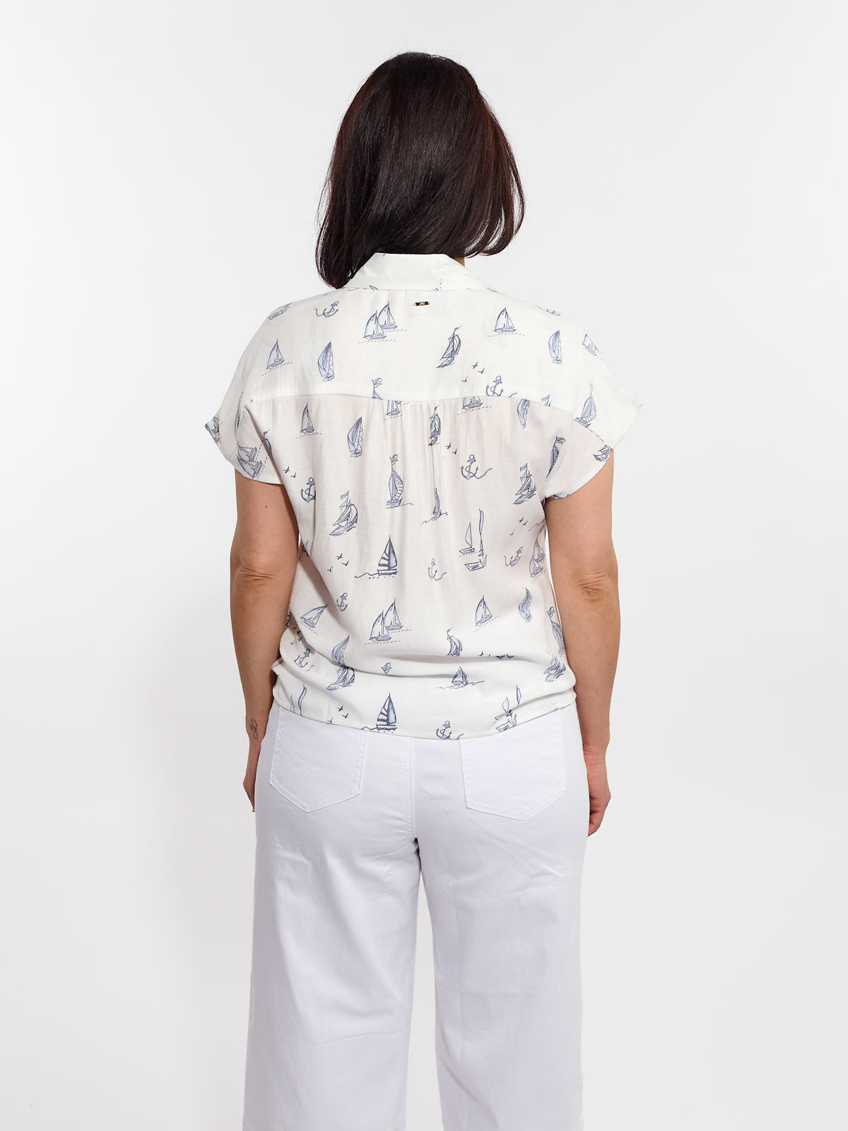 Lois Cora Sailing Button Front Tie Short Sleeve Top with navy sailboat print on white fabric by Lois