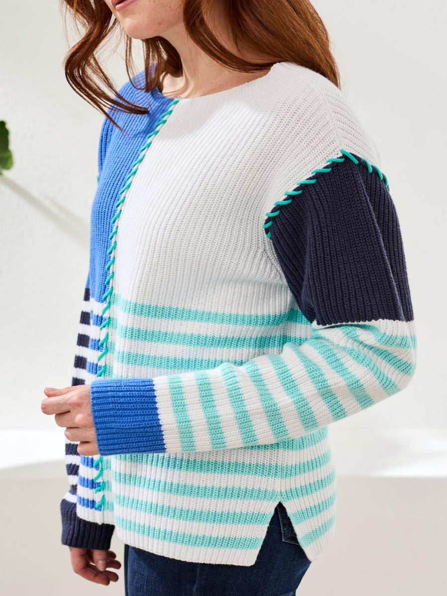 Tribal Easy Living Mixed Stripes Boatneck Top in blue and white knit sweater by Tribal Sportswear Inc.