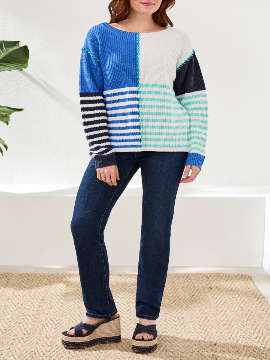 Tribal Easy Living Mixed Stripes Boatneck Top by Tribal Sportswear Inc., featuring blue and white striped knit sweater top.