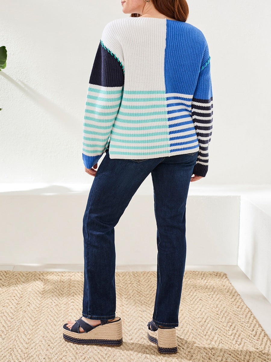 Tribal Easy Living Mixed Stripes Boatneck Top in mixed blue and white stripes by Tribal Sportswear Inc.