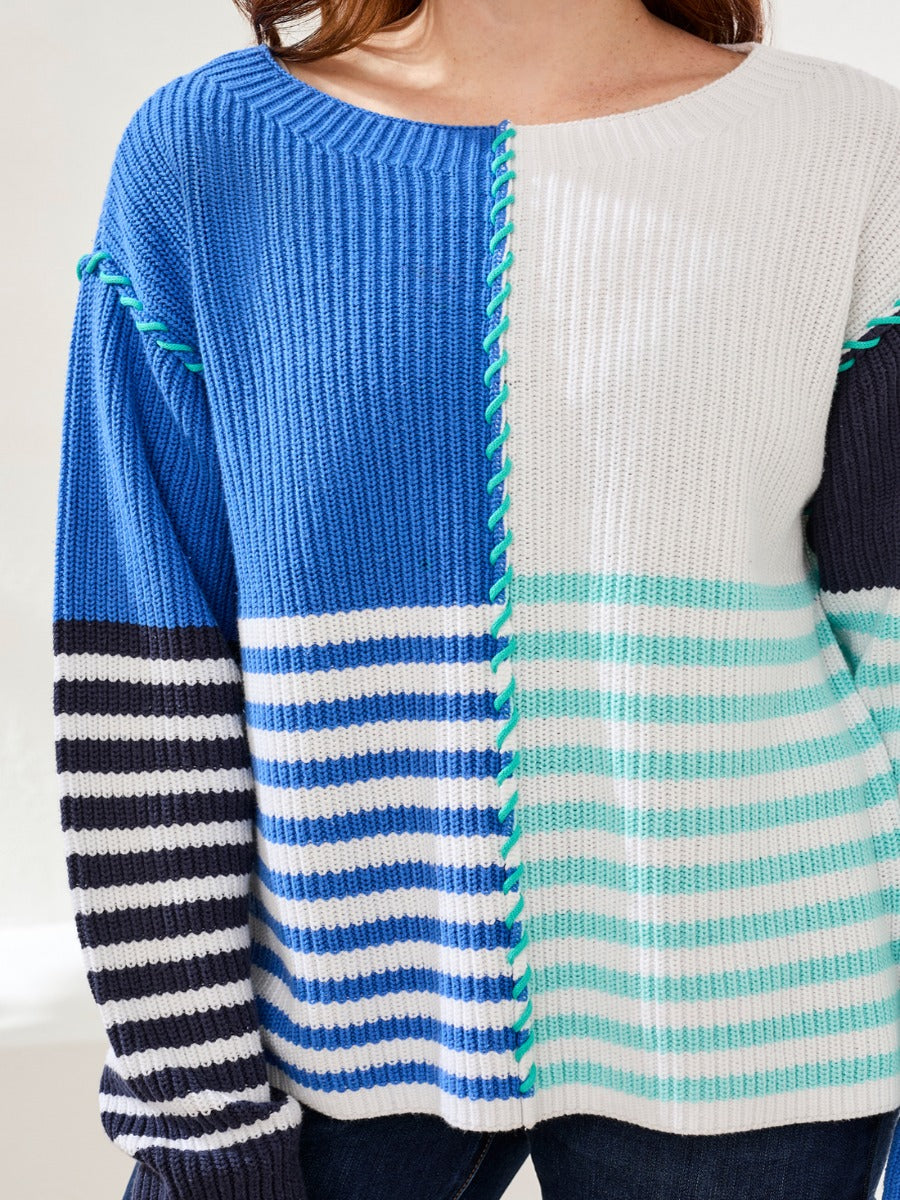 Tribal Easy Living Mixed Stripes Boatneck Top by Tribal Sportswear Inc., blue and white knit sweater with stripes.