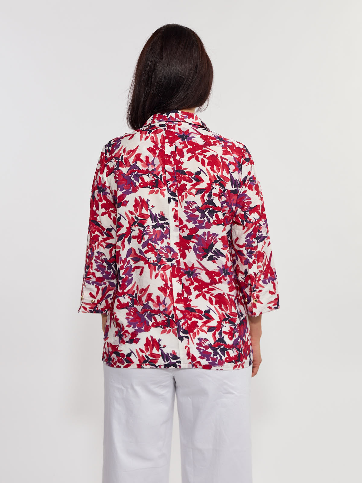 Lois Melina Floral 3/4 Sleeve Button V-Neck Blouse in red and purple floral print, shown from the back.