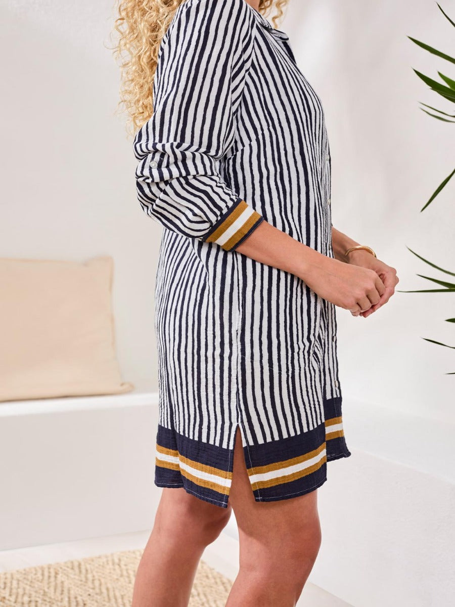 Tribal Beachy Gauze Border Print Short Dress by Tribal Sportswear Inc. with black and white vertical stripes and mustard accents