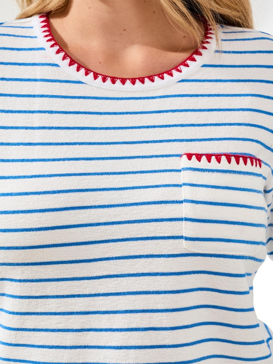 Close-up of a white and blue striped Tribal Striped Cotton Crewneck Top with red trim by Tribal Sportswear Inc.